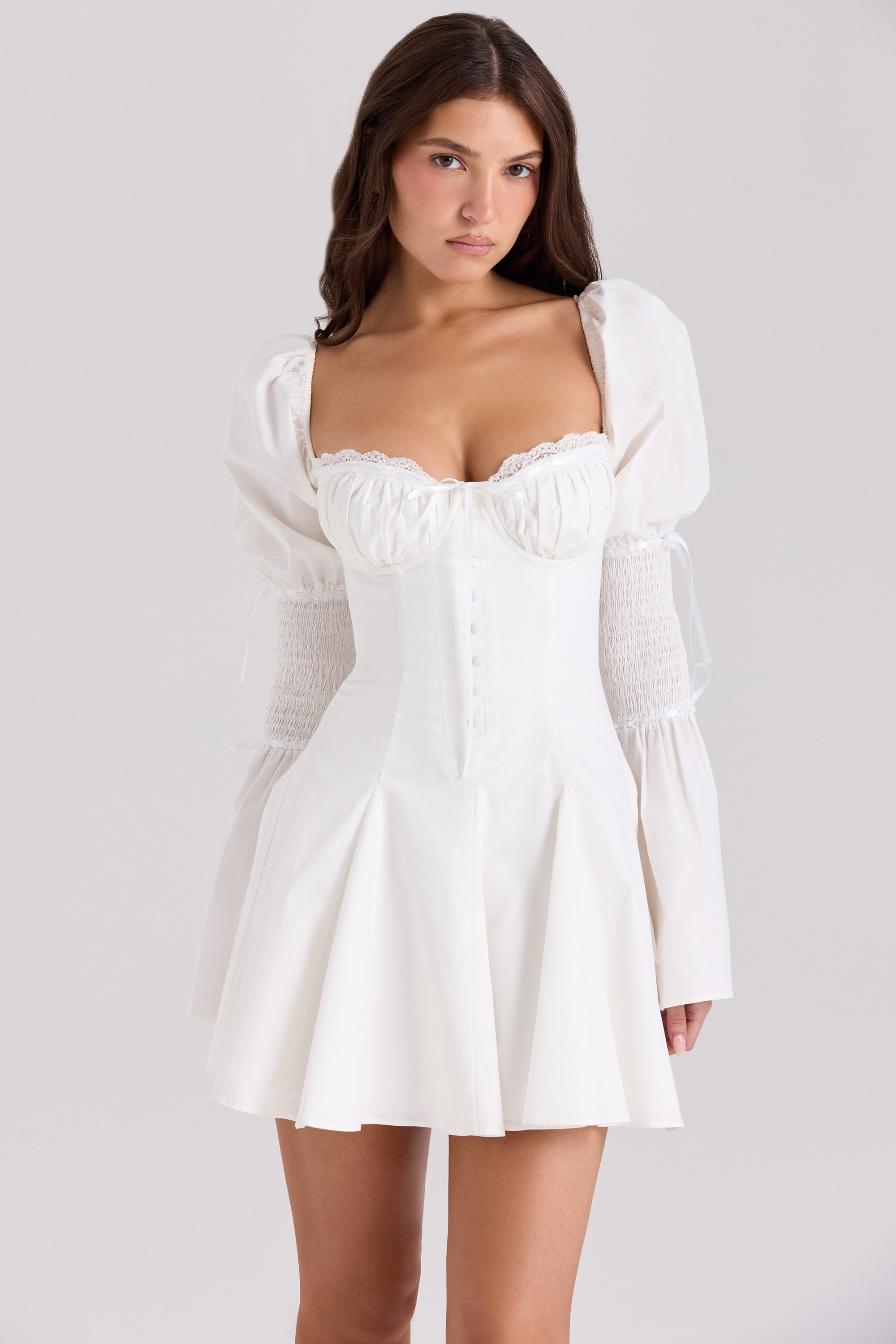 White Cotton Flute Sleeve Mini Dress - TREBLEV