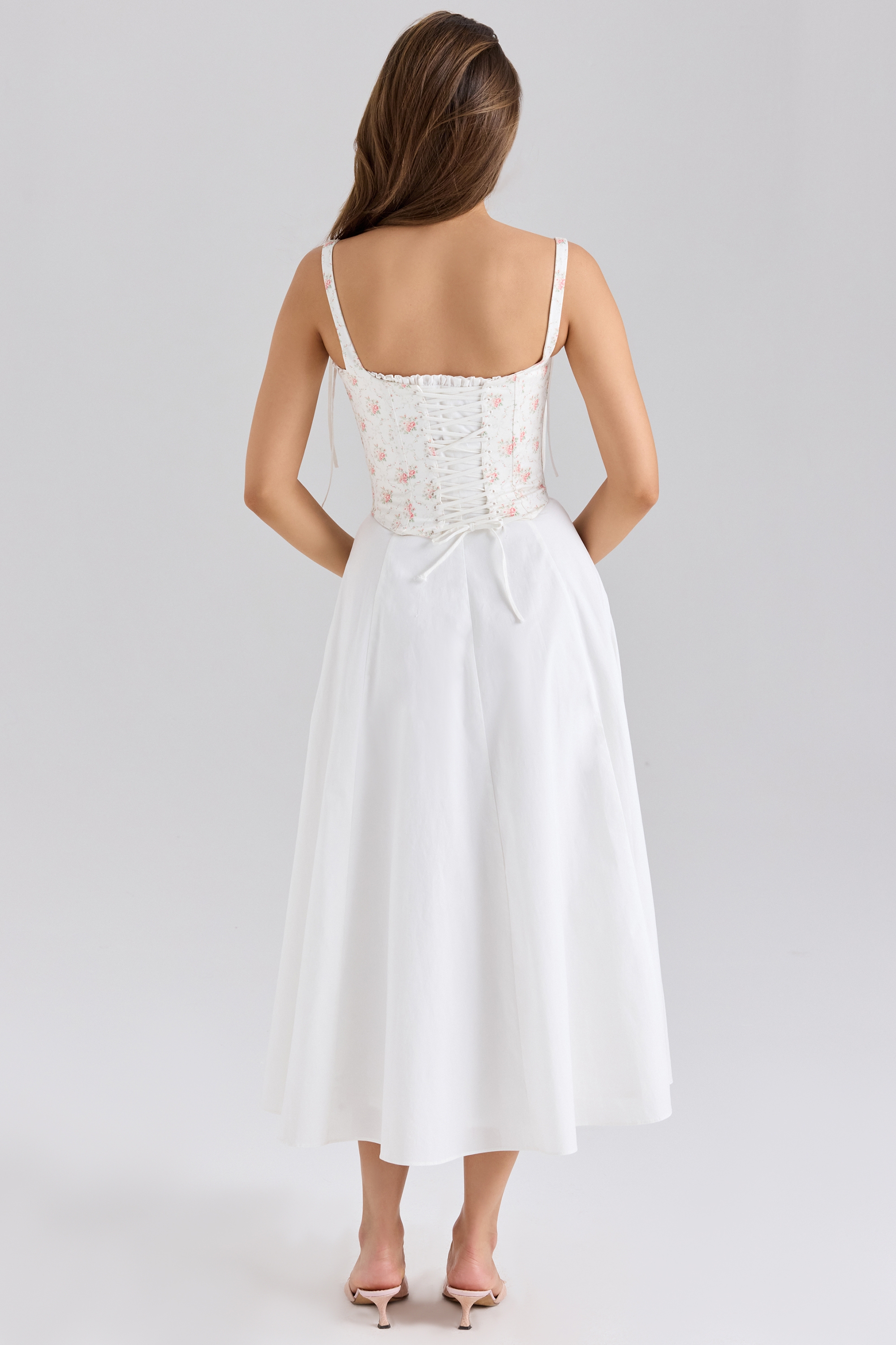 Rose Print Cotton Detachable Corset Midi Sundress - TREBLEV