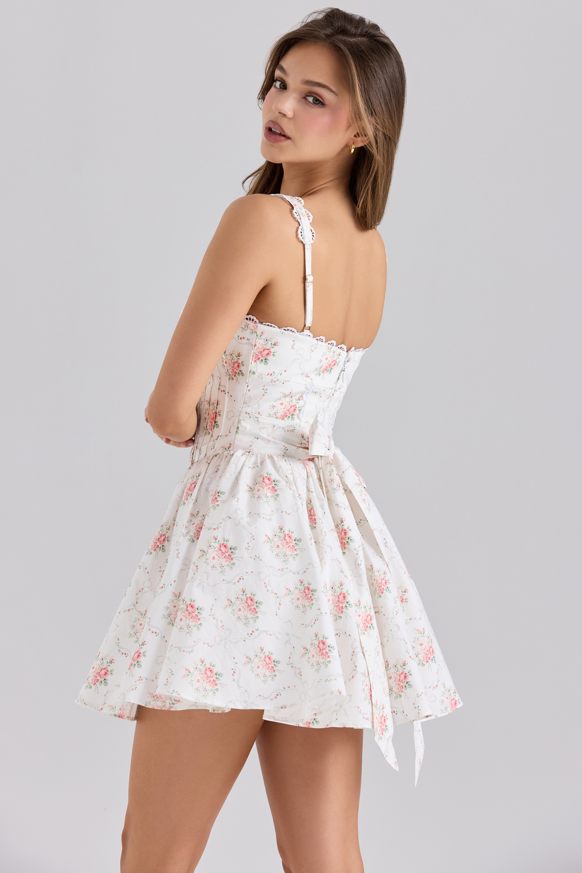 Rose Print Stretch Cotton Mini Dress - TREBLEV