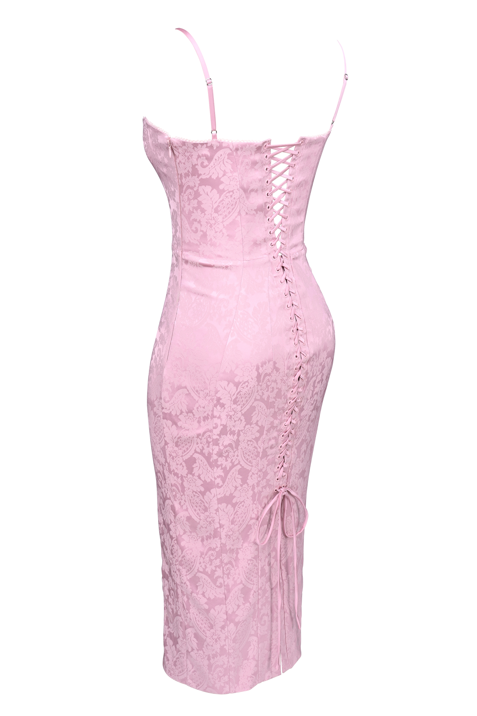 Pink Jacquard Lace Up Bodycon Midi Dress - TREBLEV