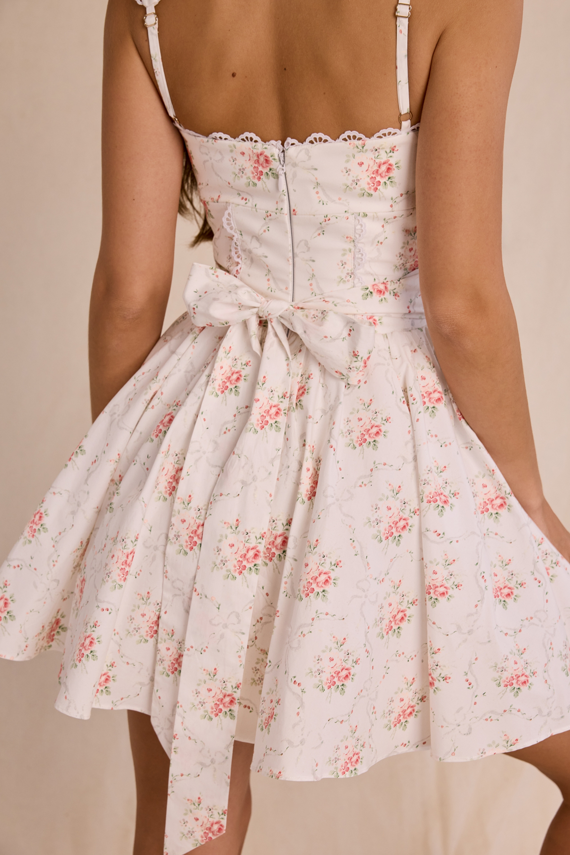 Rose Print Stretch Cotton Mini Dress - TREBLEV