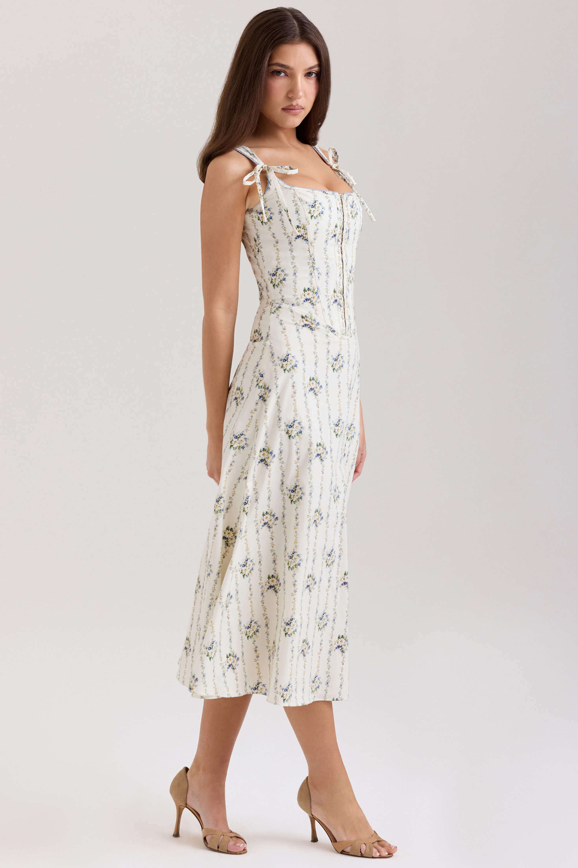 Cream Daisy Print Stretch Cotton Midi Dress - TREBLEV