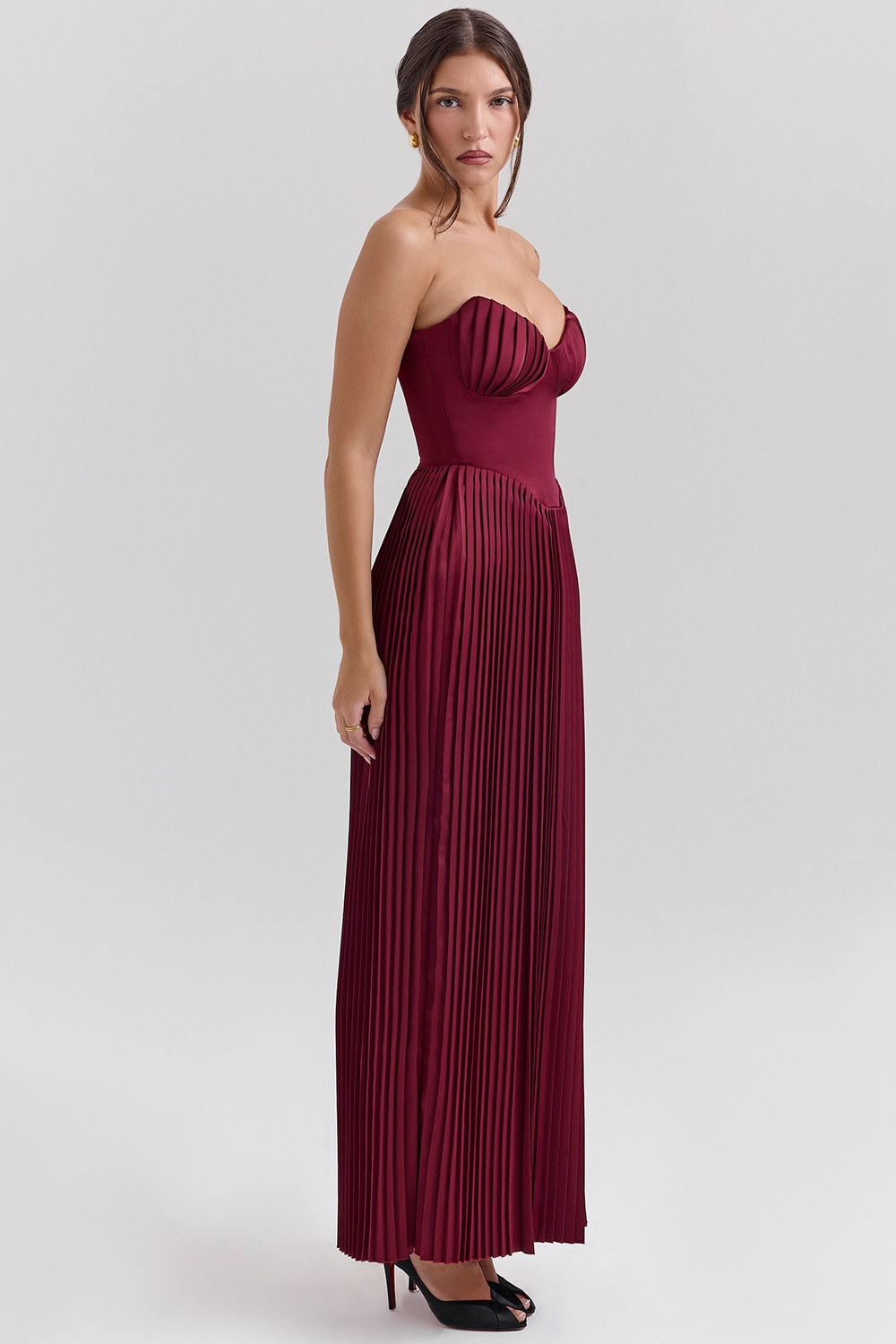 Berry Pleated Satin Maxi Dress - TREBLEV