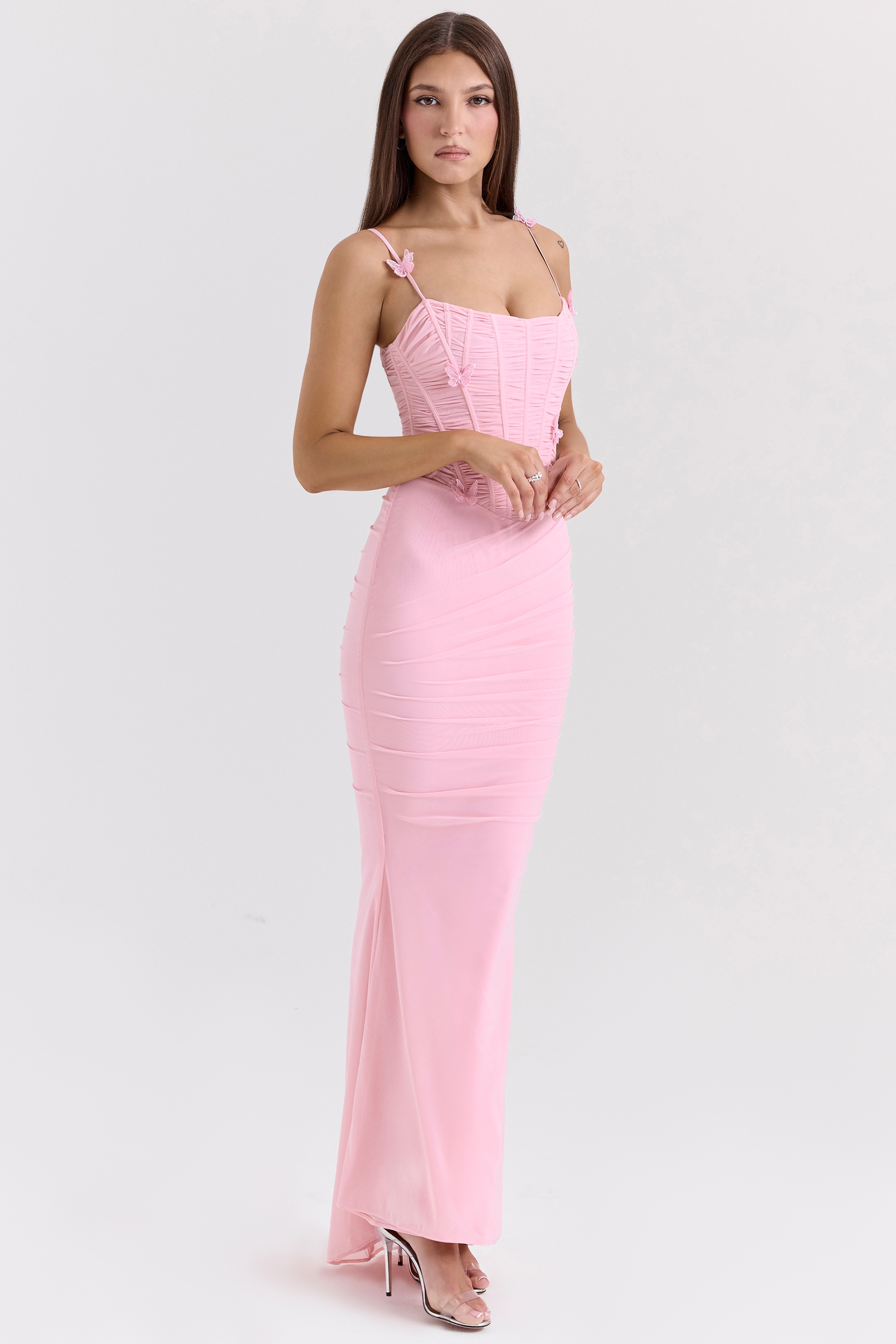 Pink Stretch Mesh Butterfly Maxi Dress - TREBLEV