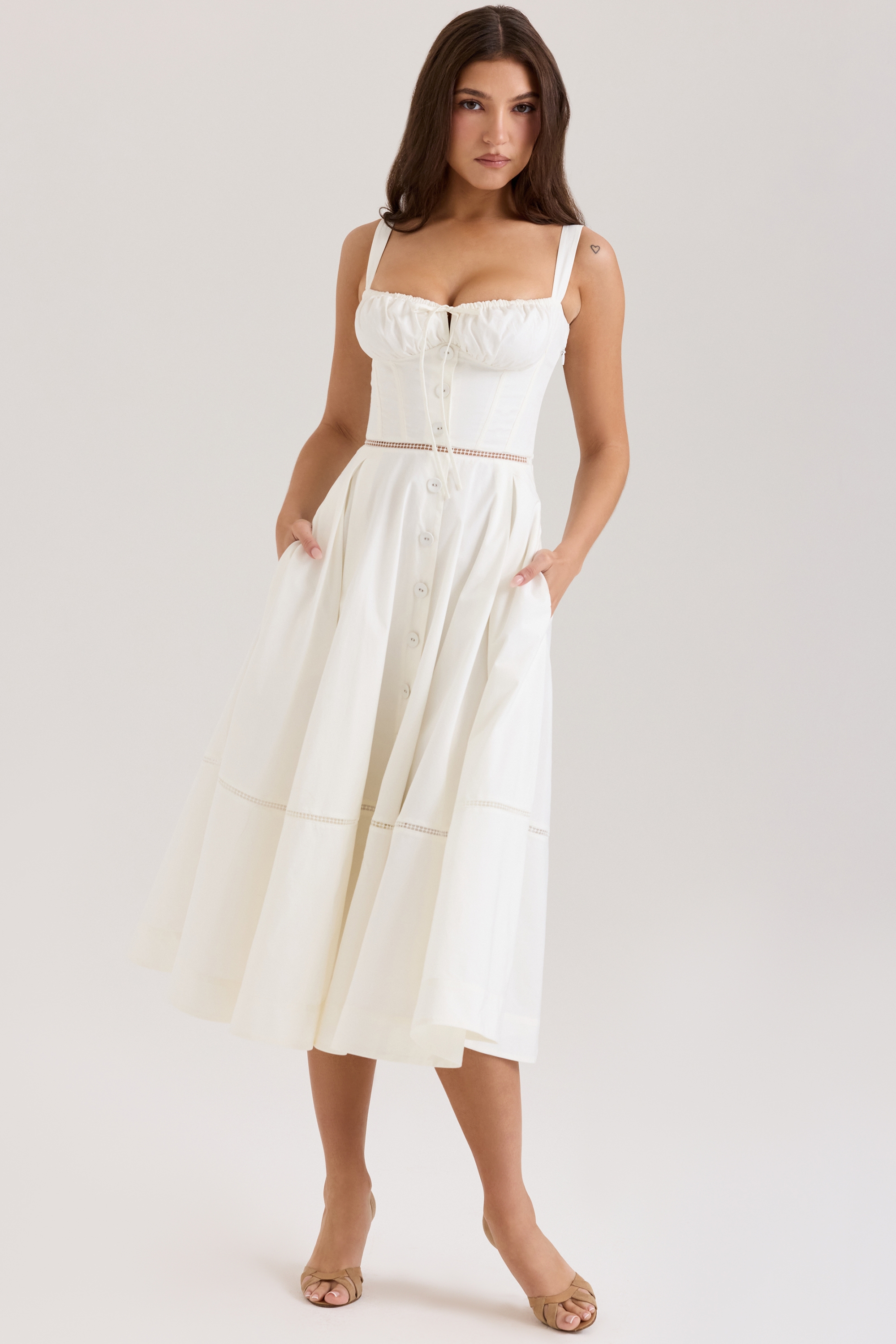 White Cotton Button Front Midi Dress - TREBLEV