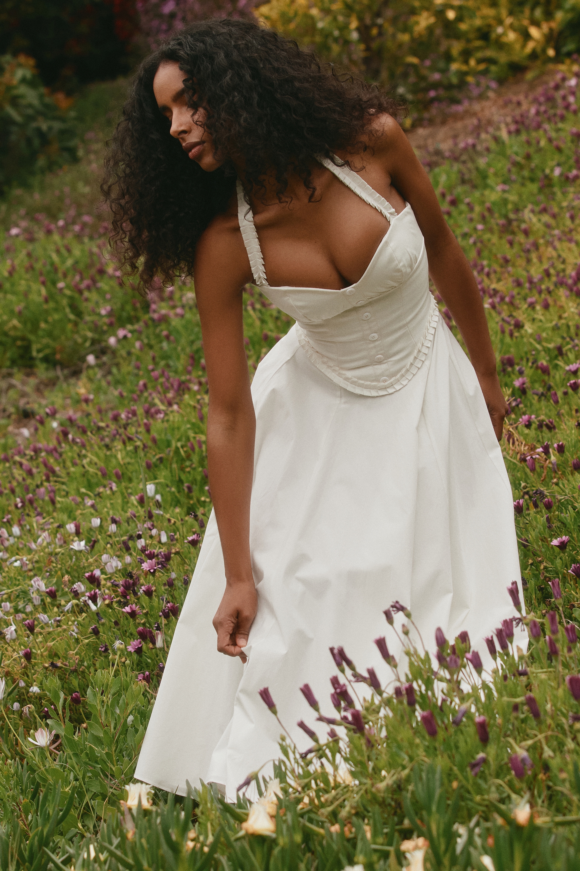 White Stretch Cotton Halter Neck Midi Dress - TREBLEV