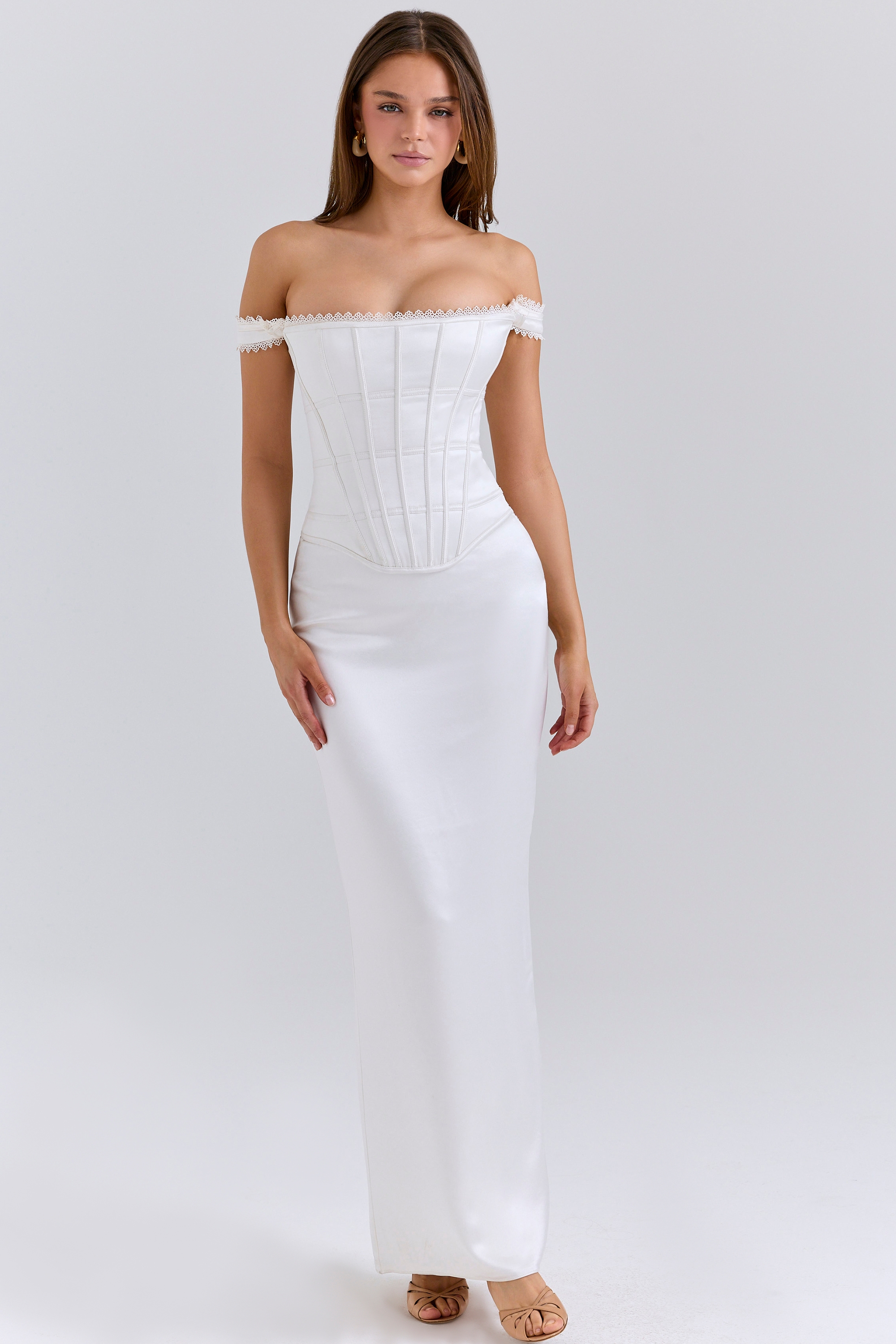 Ivory Satin Corset Maxi Dress - TREBLEV
