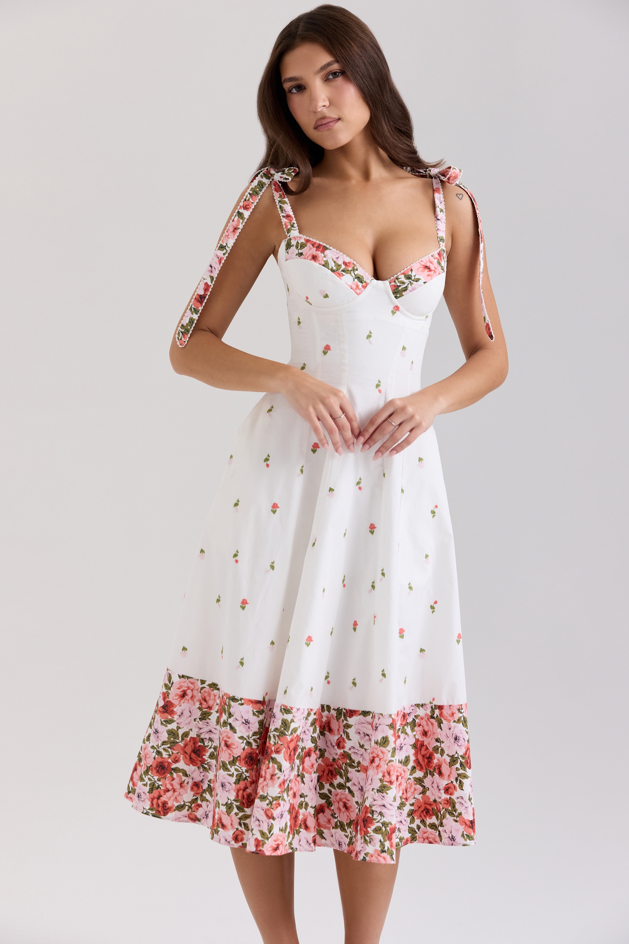 White Floral Print Stretch Cotton Midi Sundress - TREBLEV