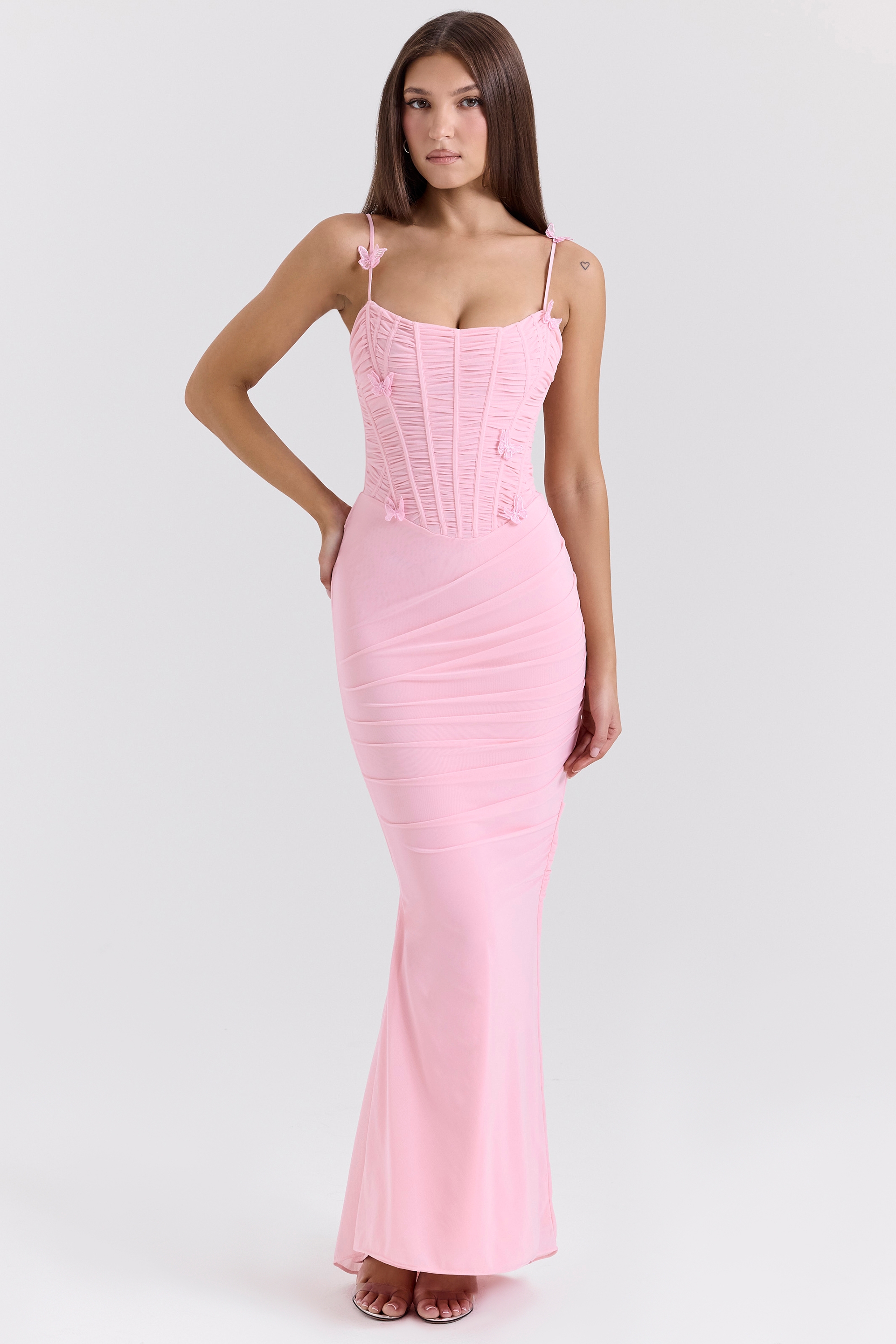 Pink Stretch Mesh Butterfly Maxi Dress - TREBLEV