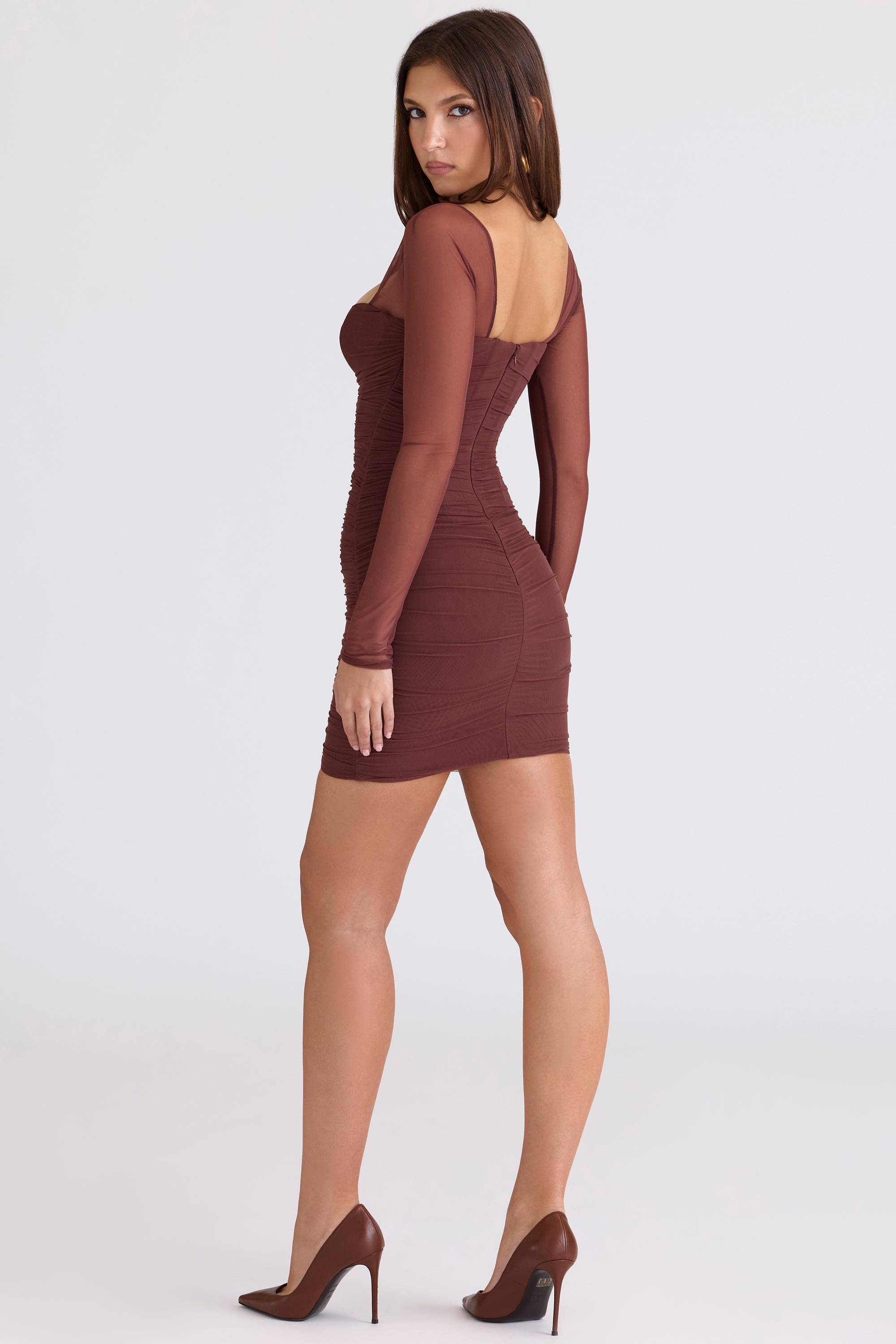 Mocha Mesh Long Sleeve Mini Dress - TREBLEV