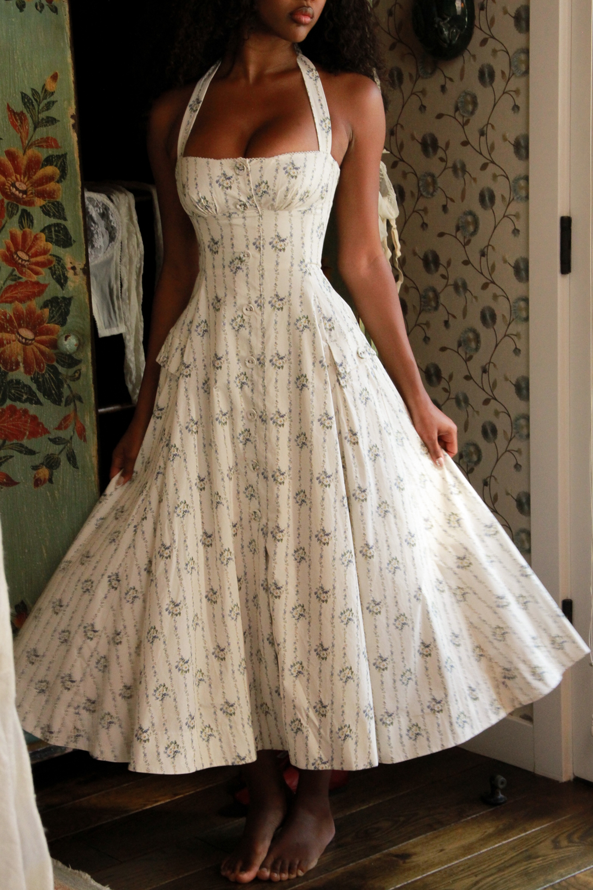 Cream Daisy Print Stretch Cotton Halter Neck Midi Dress - TREBLEV