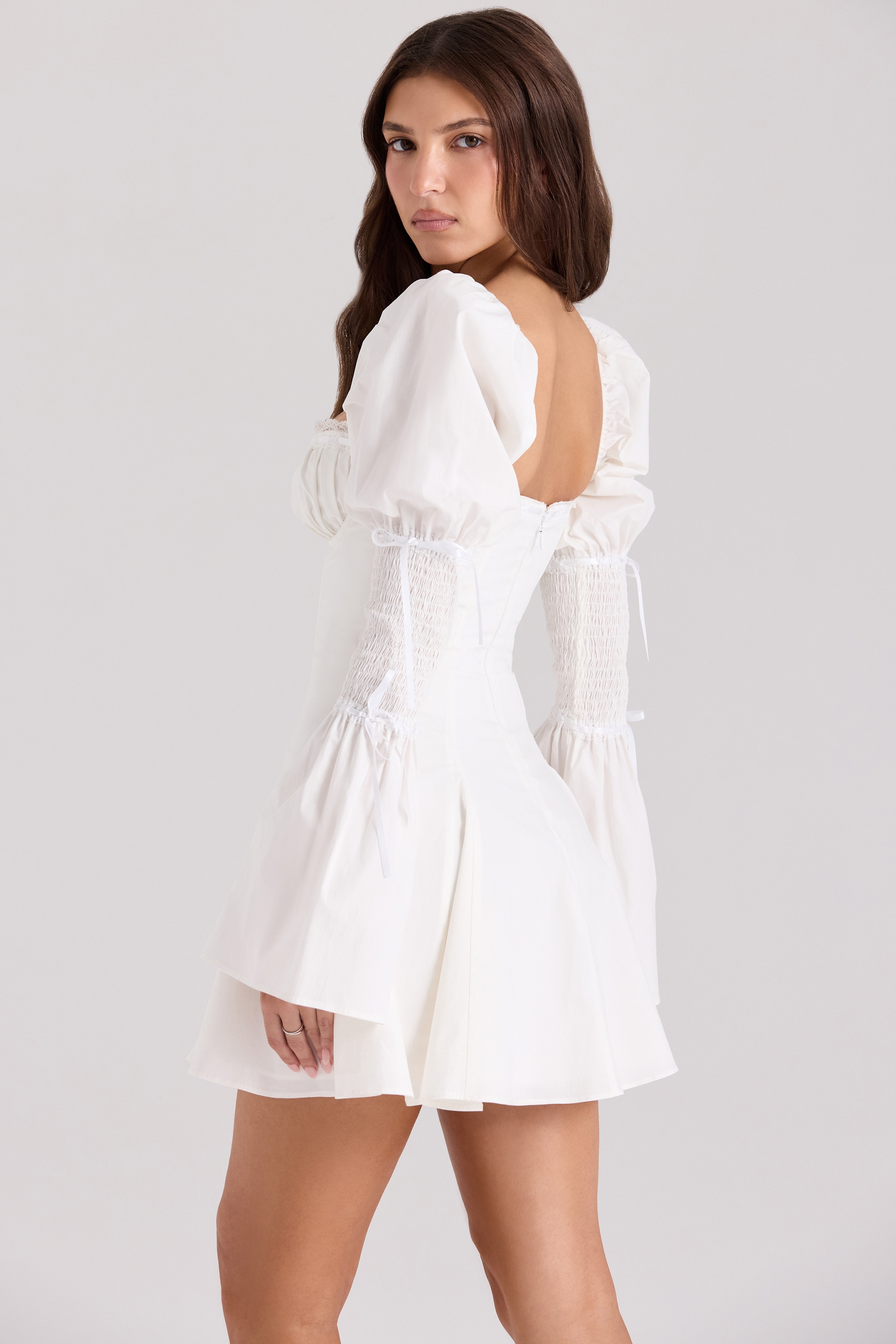 White Cotton Flute Sleeve Mini Dress - TREBLEV