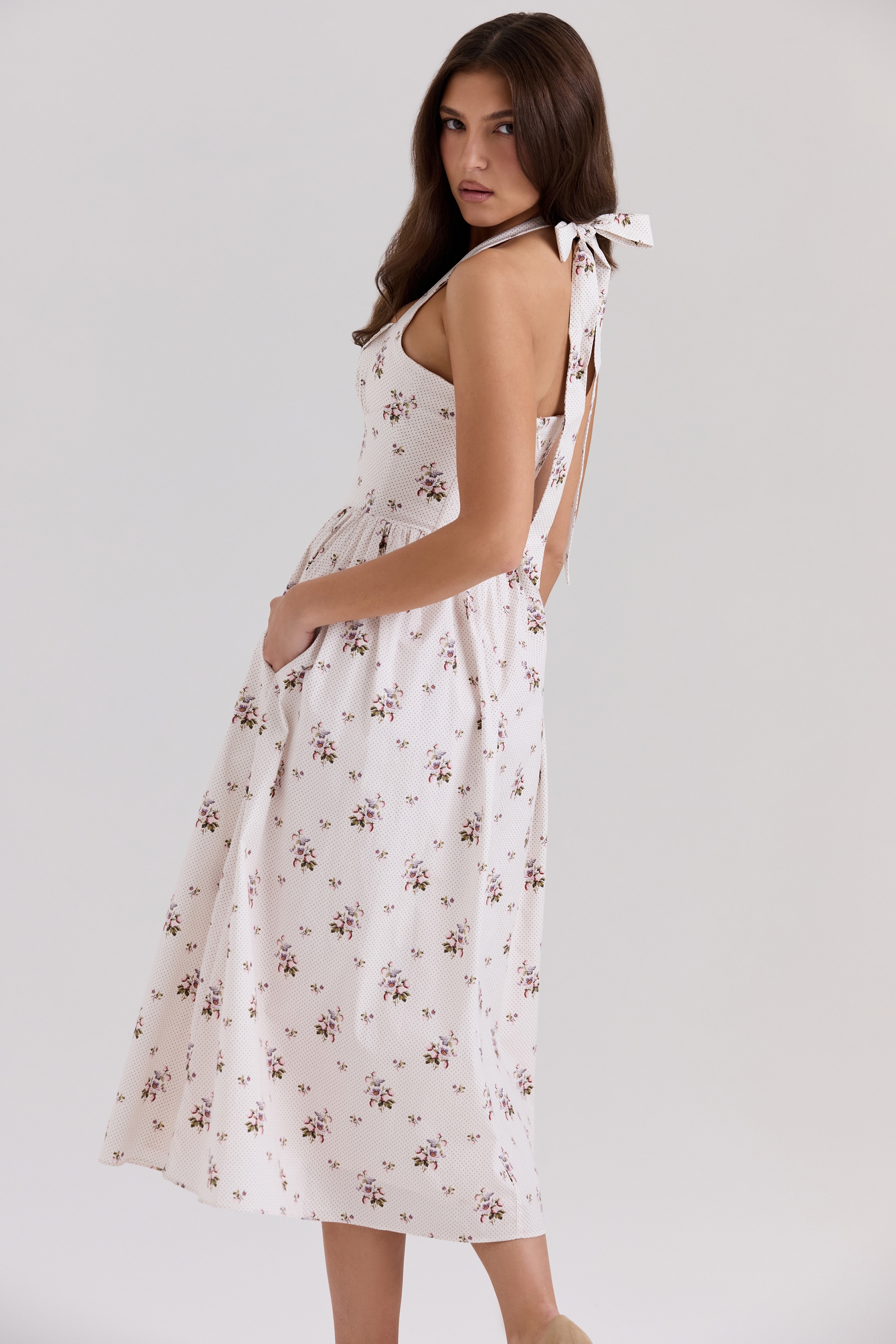 Cream Floral Print Stretch Cotton Halter Neck Midi Dress - TREBLEV