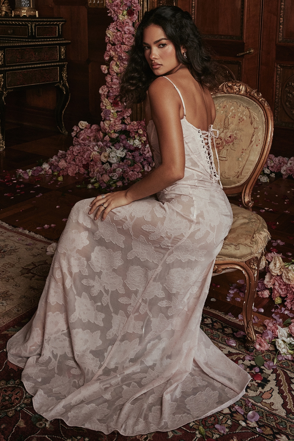 Soft Pink Floral Lace Back Maxi Dress - TREBLEV