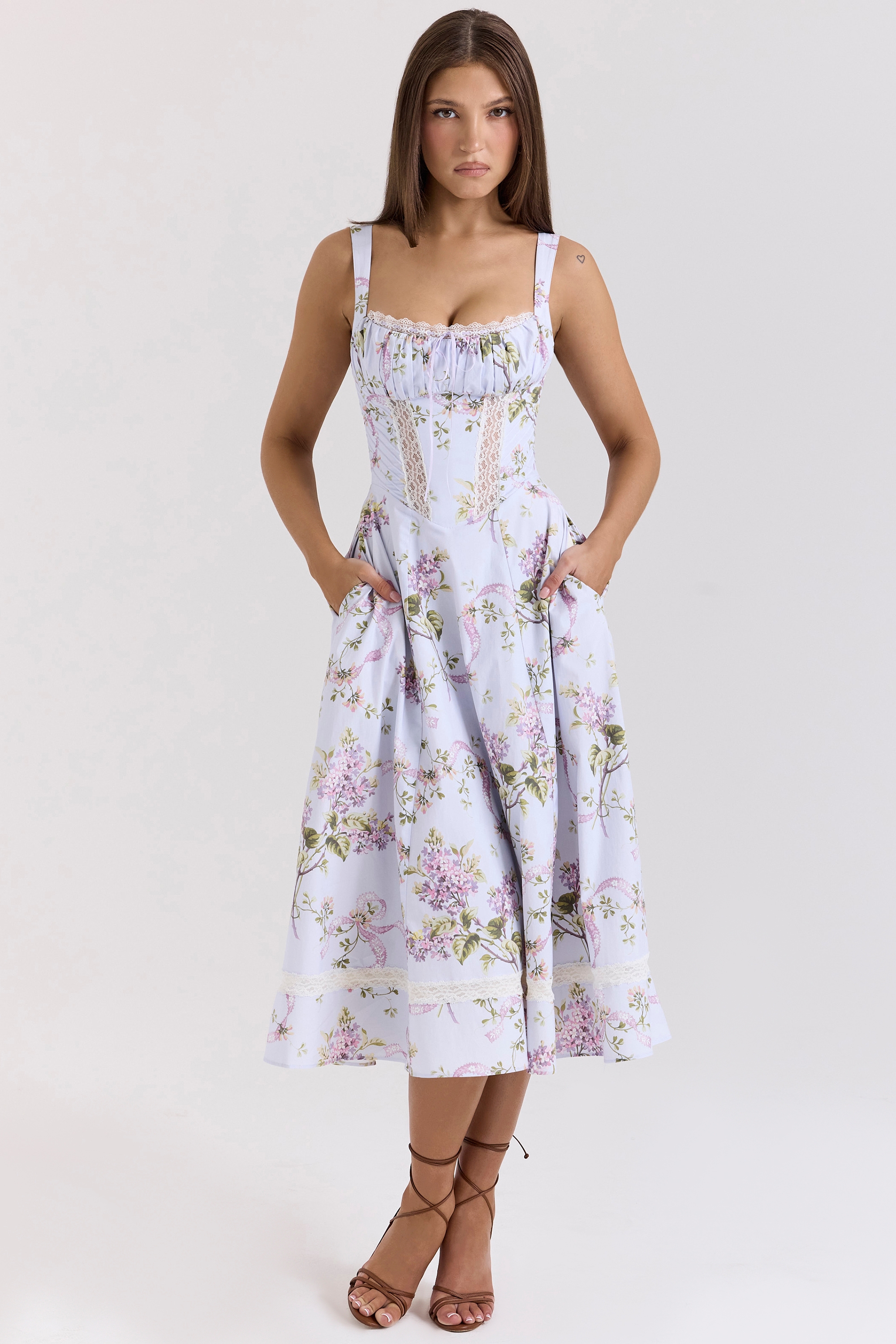 Lilac Floral Cotton Midi Sundress - TREBLEV