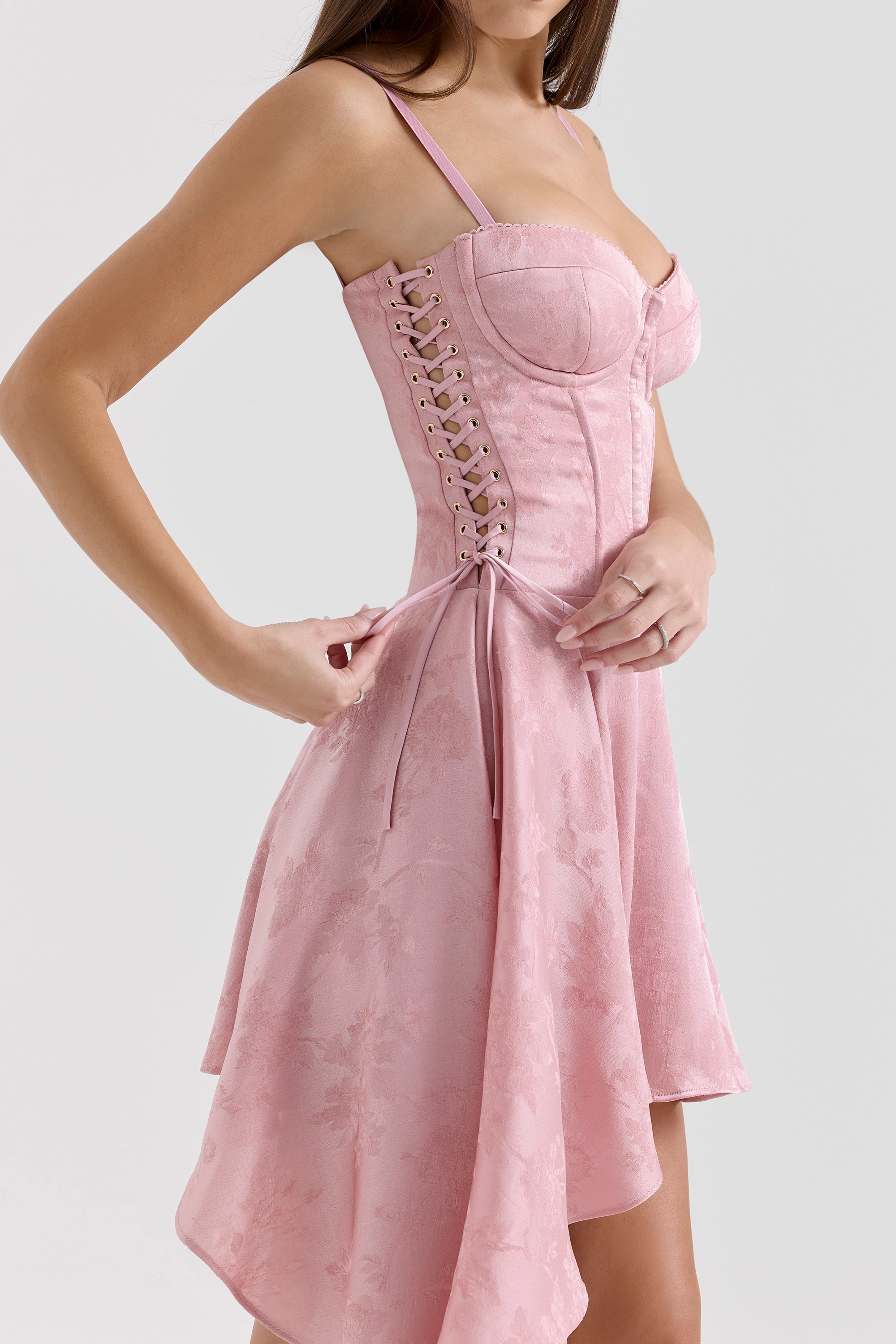 Pink Jacquard Draped Mini Dress - TREBLEV