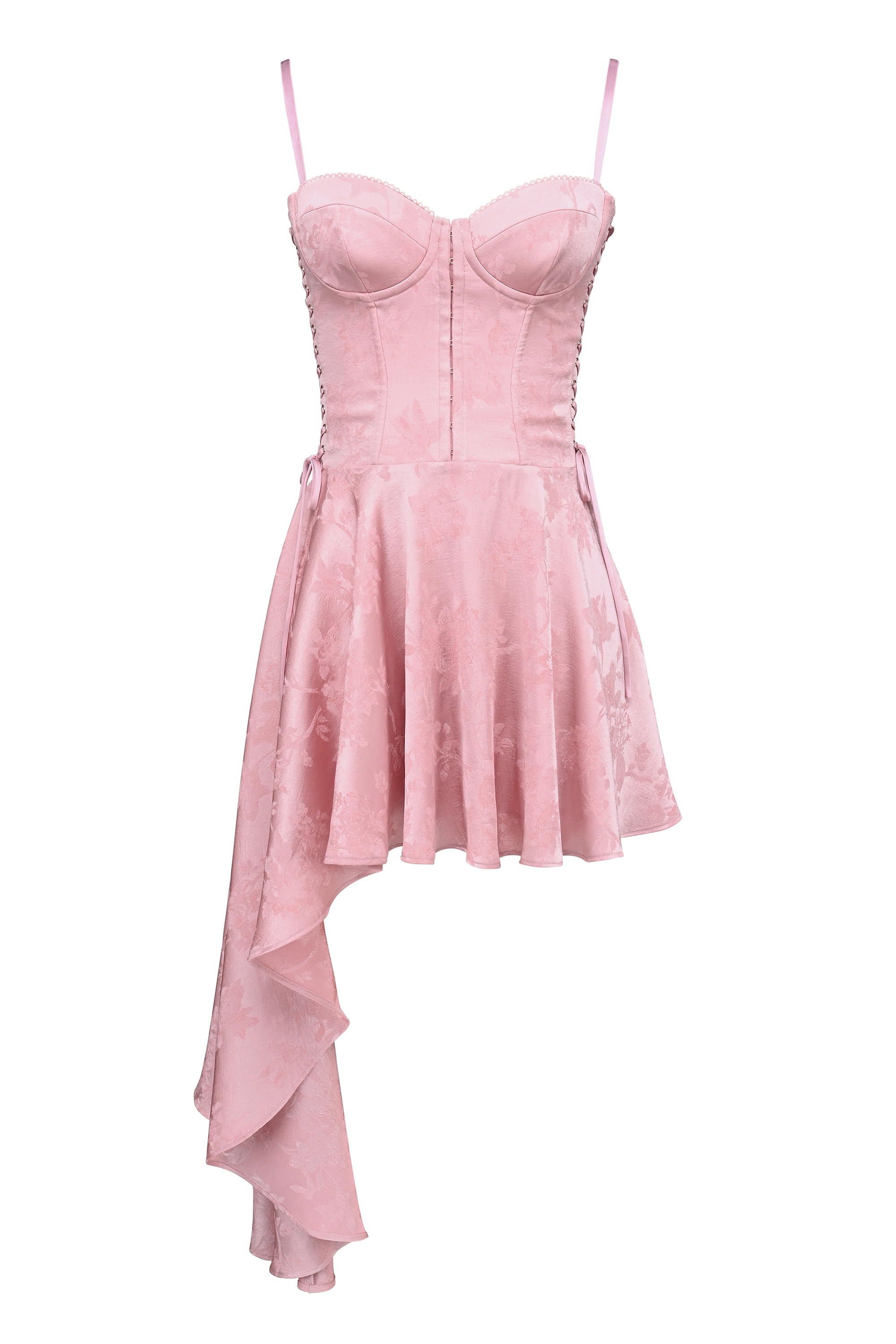Pink Jacquard Draped Mini Dress - TREBLEV