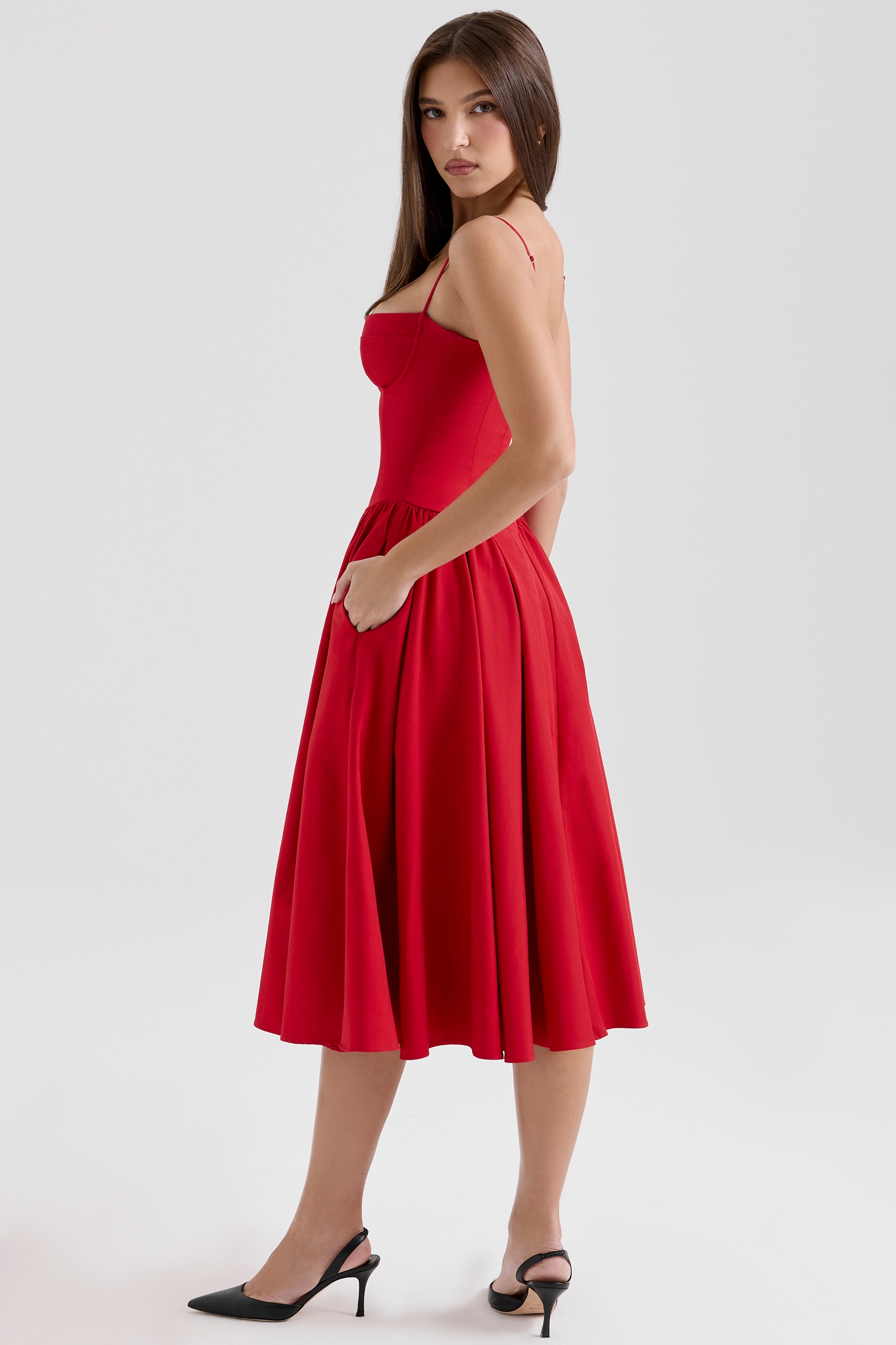 Red Gathered Midi Dress - TREBLEV