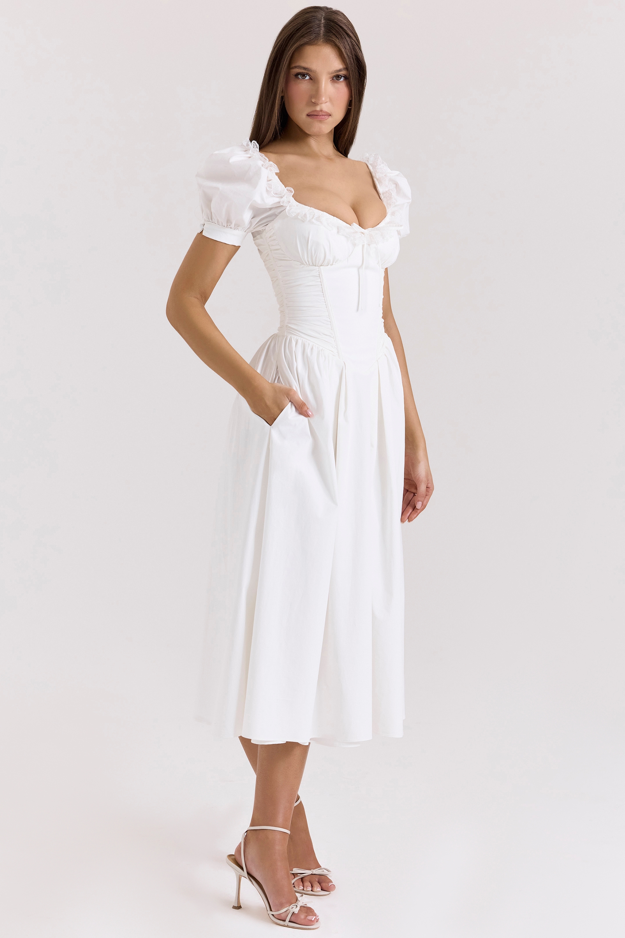 White Stretch Cotton Puff Sleeve Midi Dress - TREBLEV