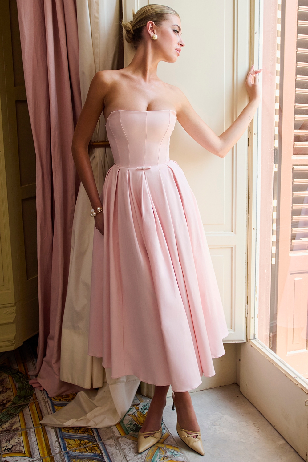 Parisian Pink Strapless Corset Midi Dress - TREBLEV