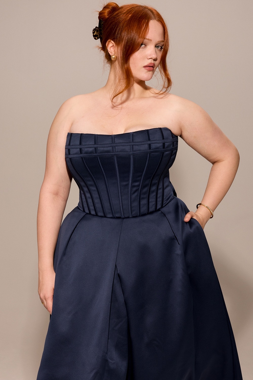 Midnight Blue Strapless Detachable Bow Midi Dress - TREBLEV