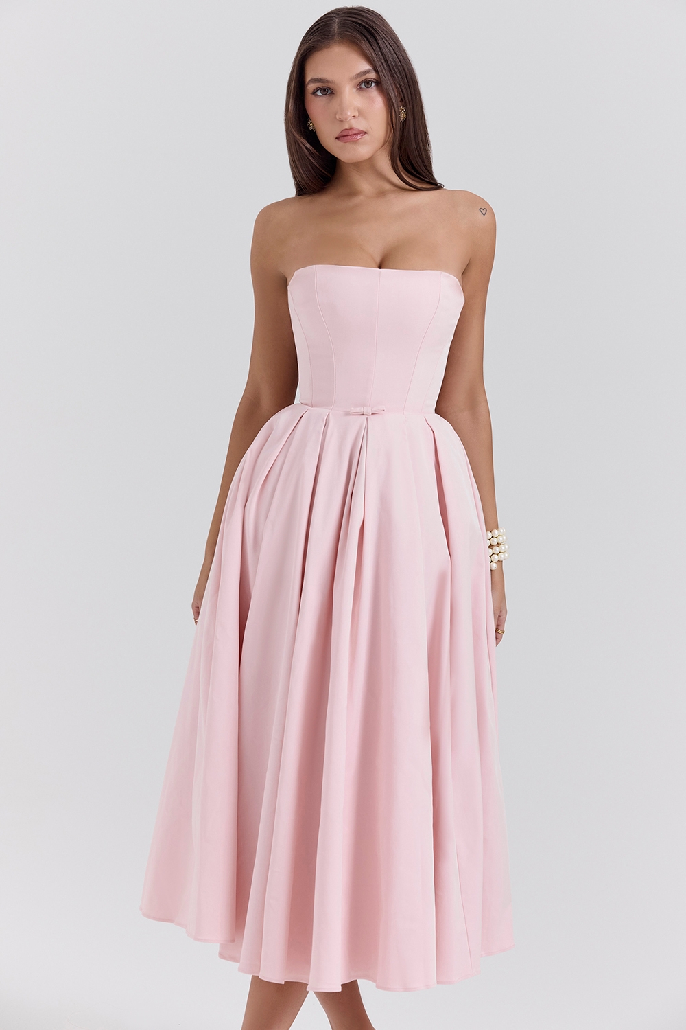 Parisian Pink Strapless Corset Midi Dress - TREBLEV