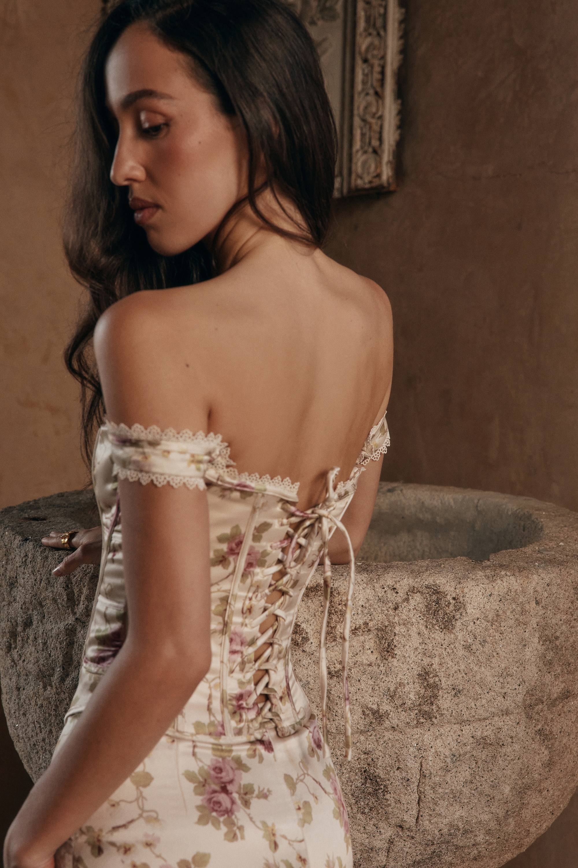 Vintage Cream Floral Print Corset Maxi Dress - TREBLEV