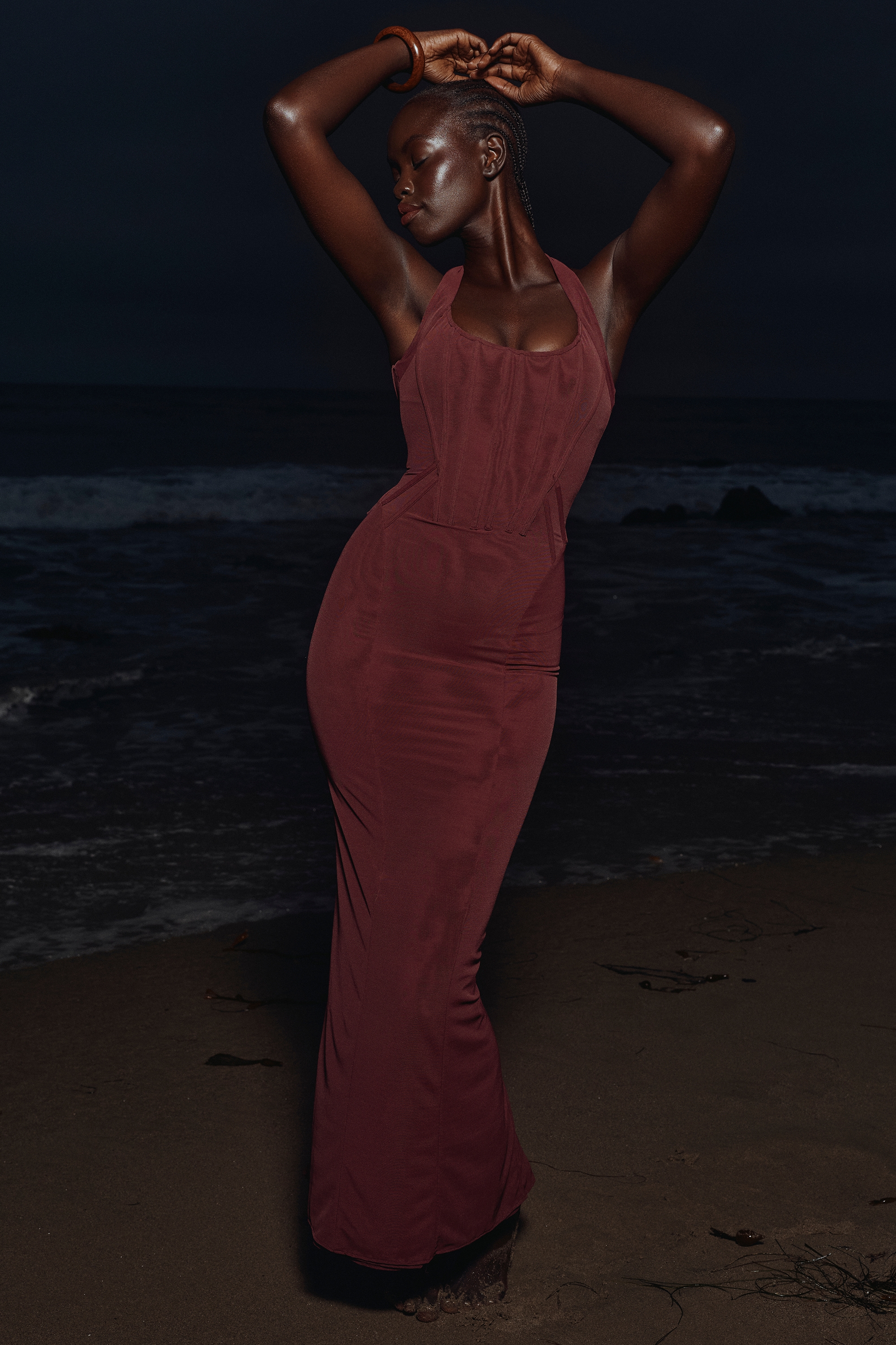 Grape Stretch Mesh Halter Neck Midi Dress - TREBLEV