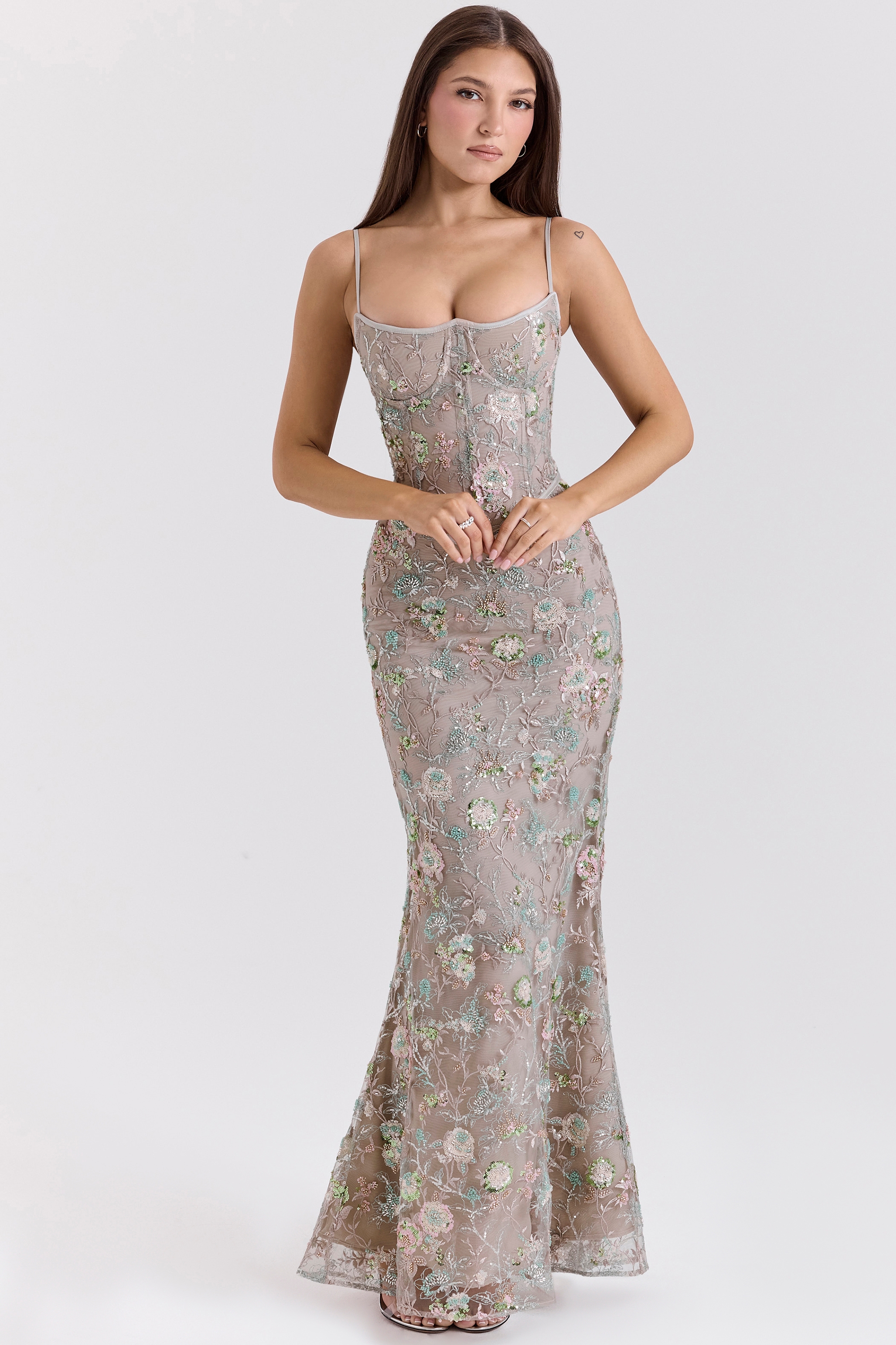Silver Embellished Beaded Corset Maxi Dress - TREBLEV