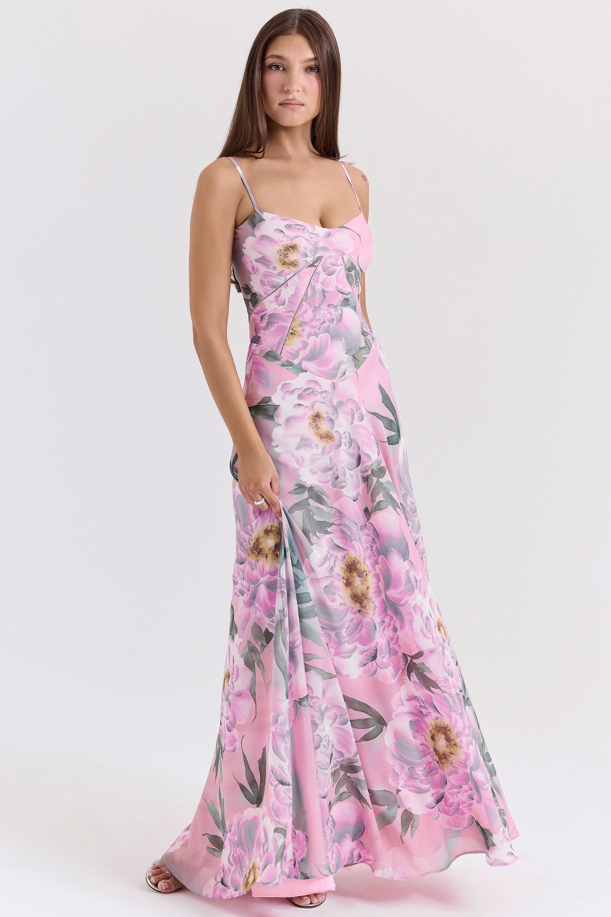 Pink Floral Print Lace Back Maxi Dress - TREBLEV