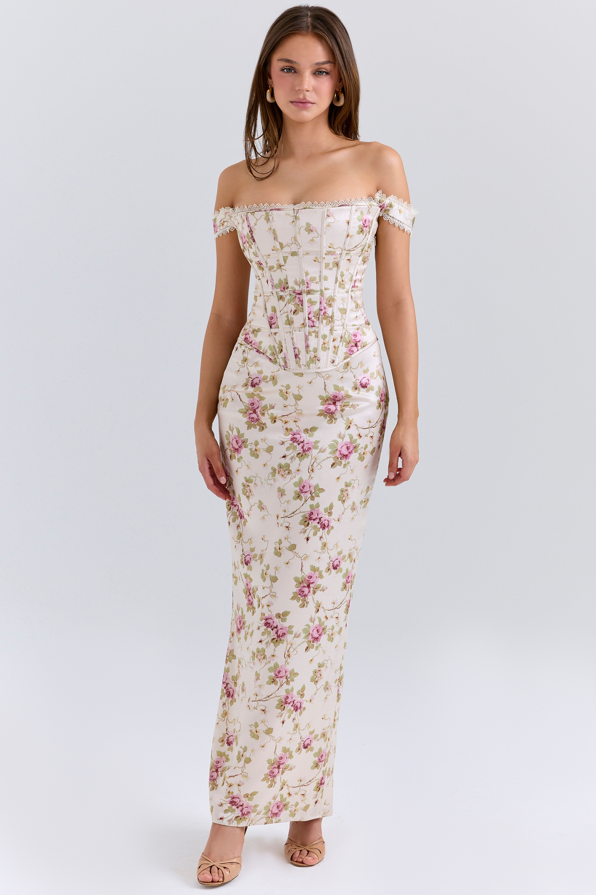 Vintage Cream Floral Print Corset Maxi Dress - TREBLEV
