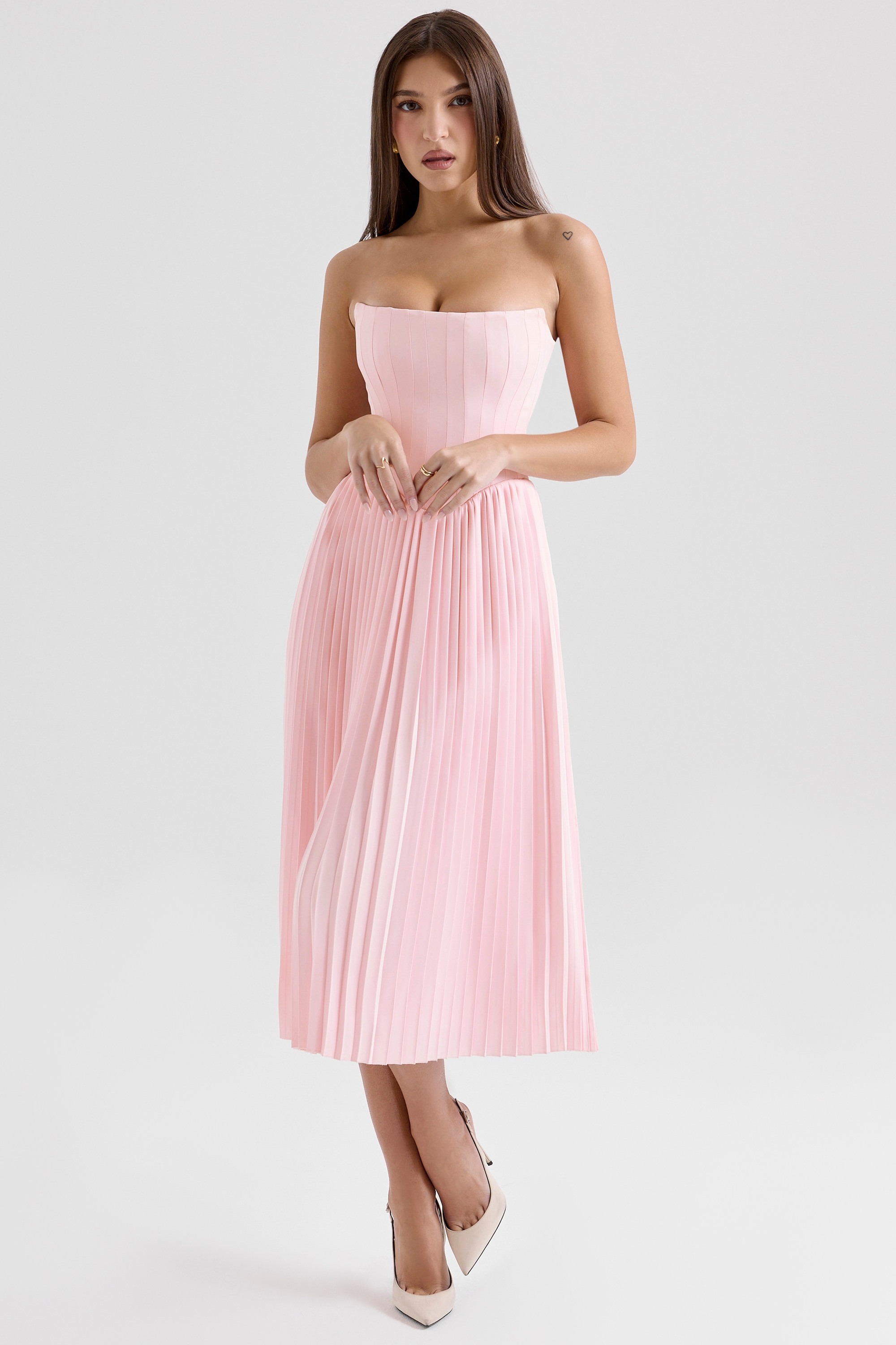 Pink Pleated Midi Corset Dress - TREBLEV