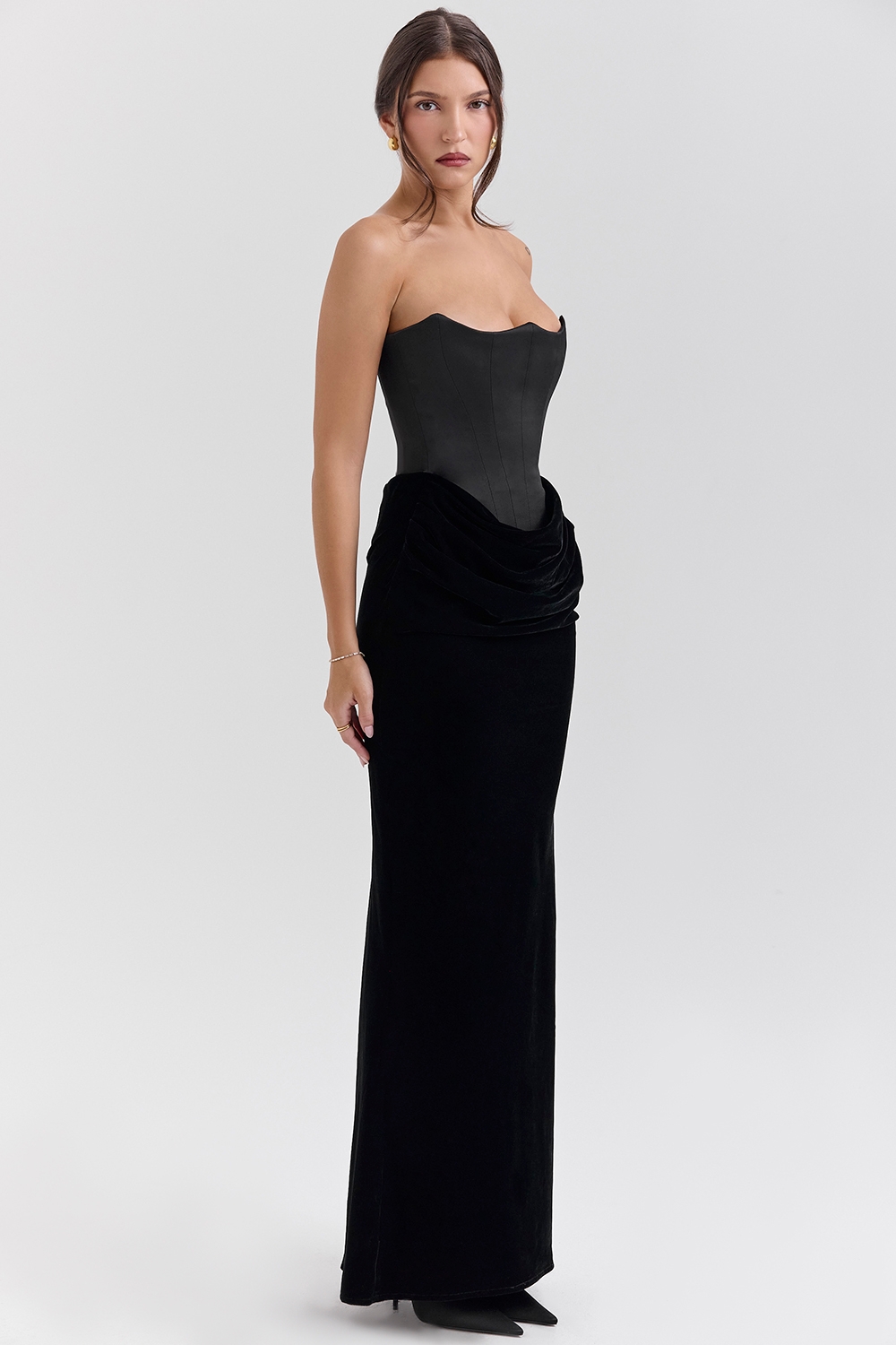 Black Velvet Strapless Corset Maxi Dress - TREBLEV