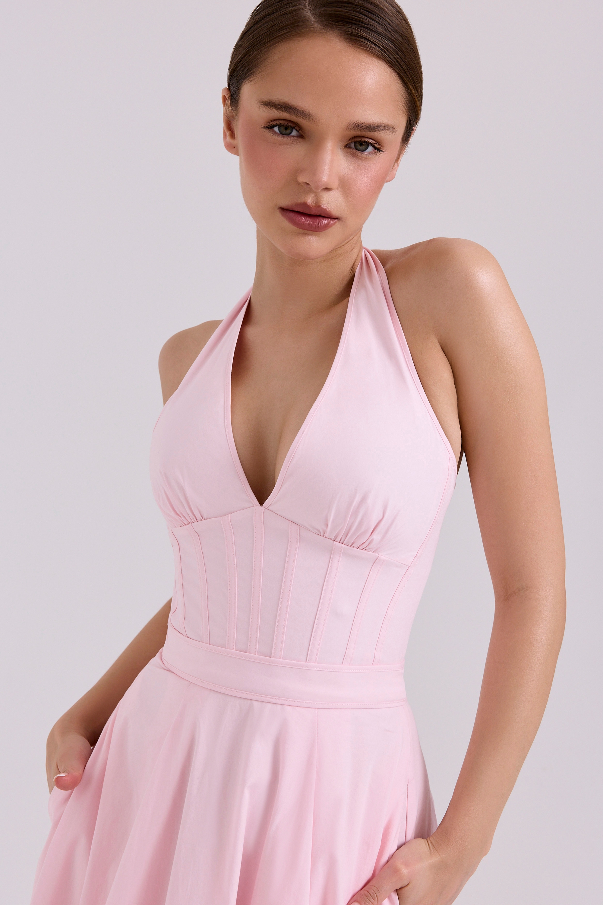 Pink Stretch Cotton Halter Midi Sundress - TREBLEV