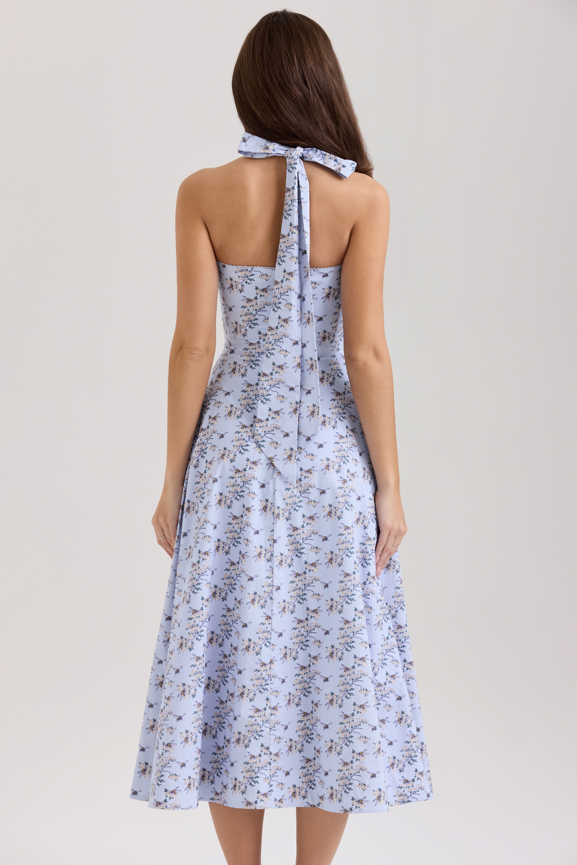Blue Floral Print Stretch Cotton Halter Neck Midi Dress - TREBLEV