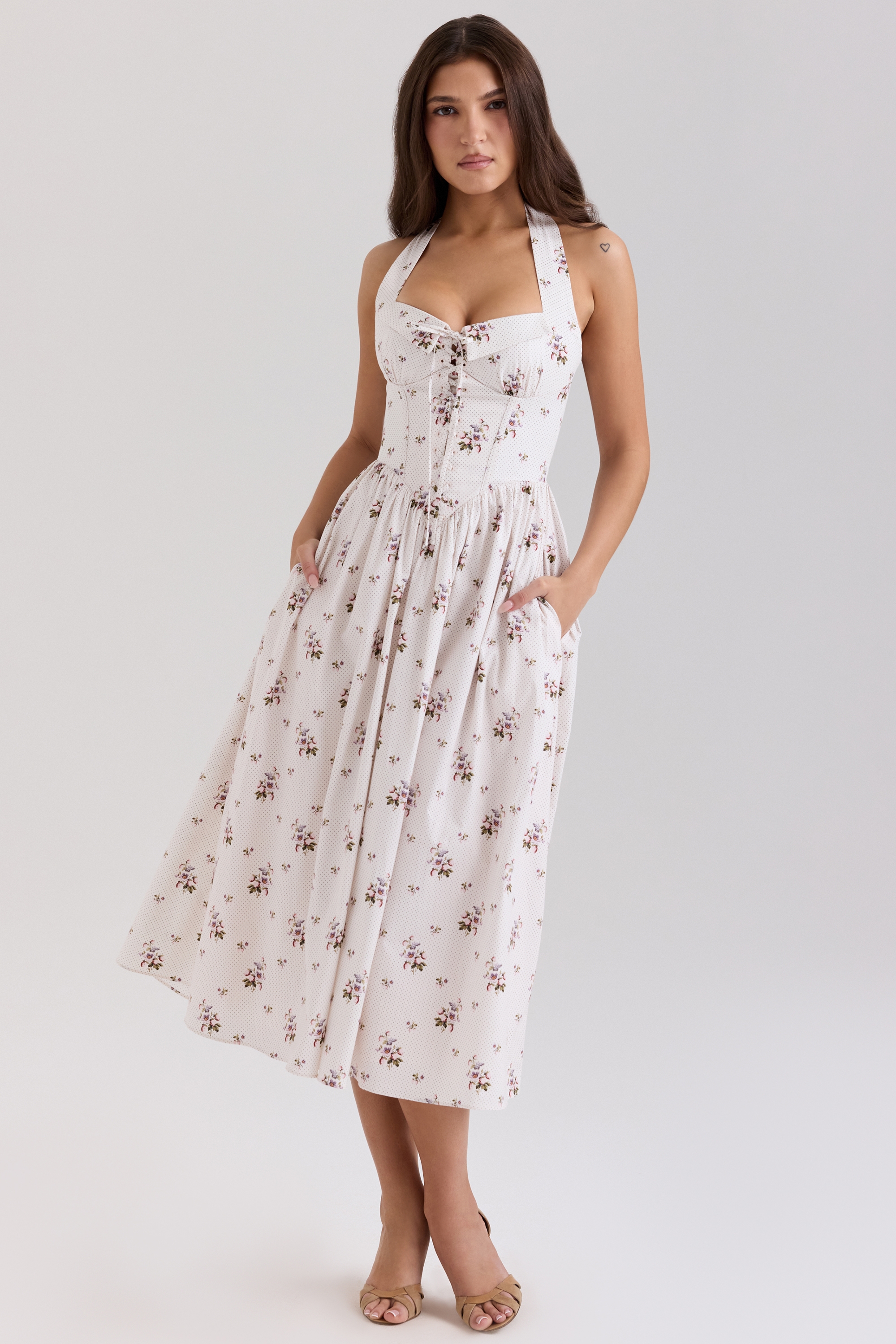 Cream Floral Print Stretch Cotton Halter Neck Midi Dress - TREBLEV