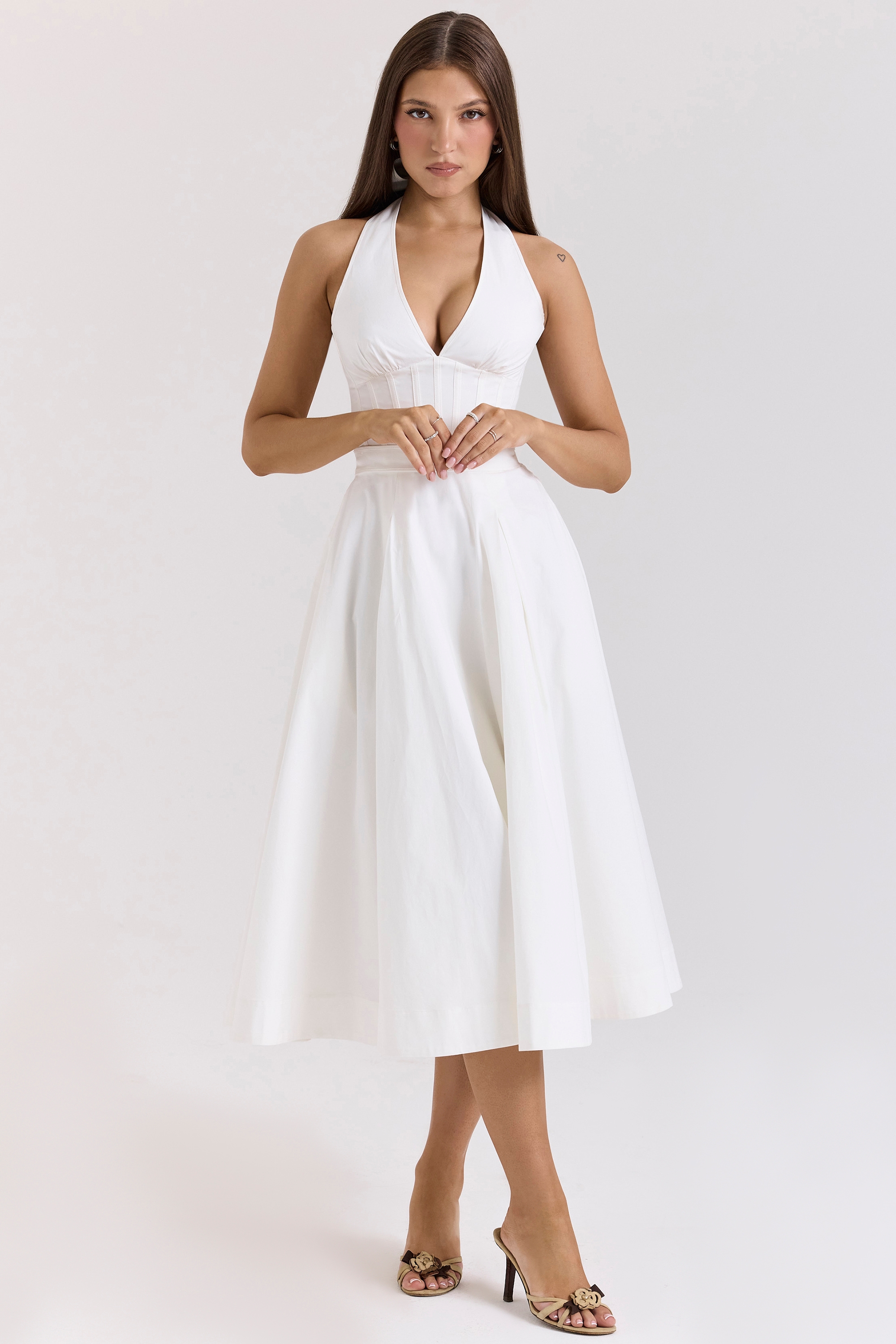 White Stretch Cotton Halter Midi Sundress - TREBLEV