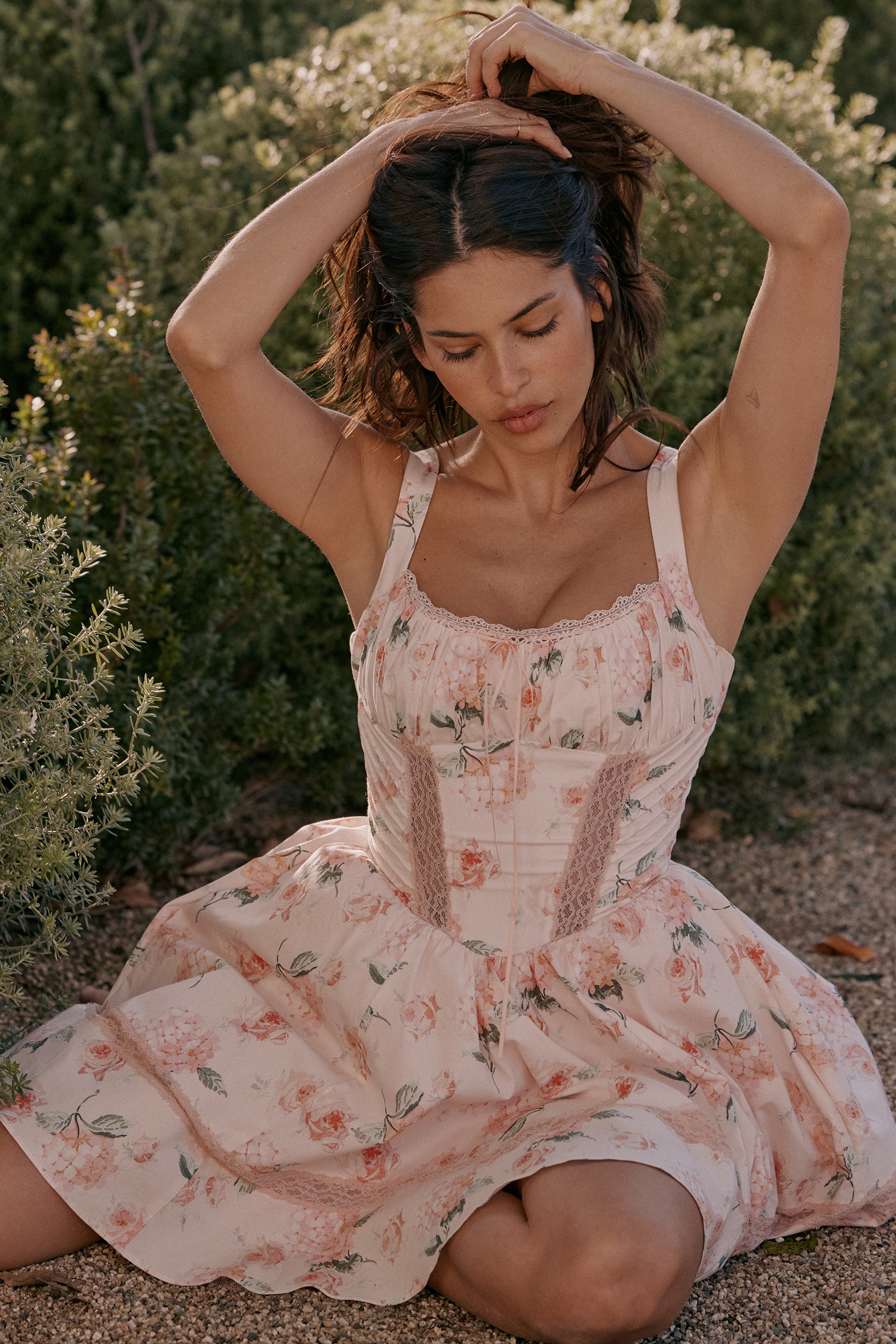 Peach Floral Rose Print Cotton Mini Dress - TREBLEV