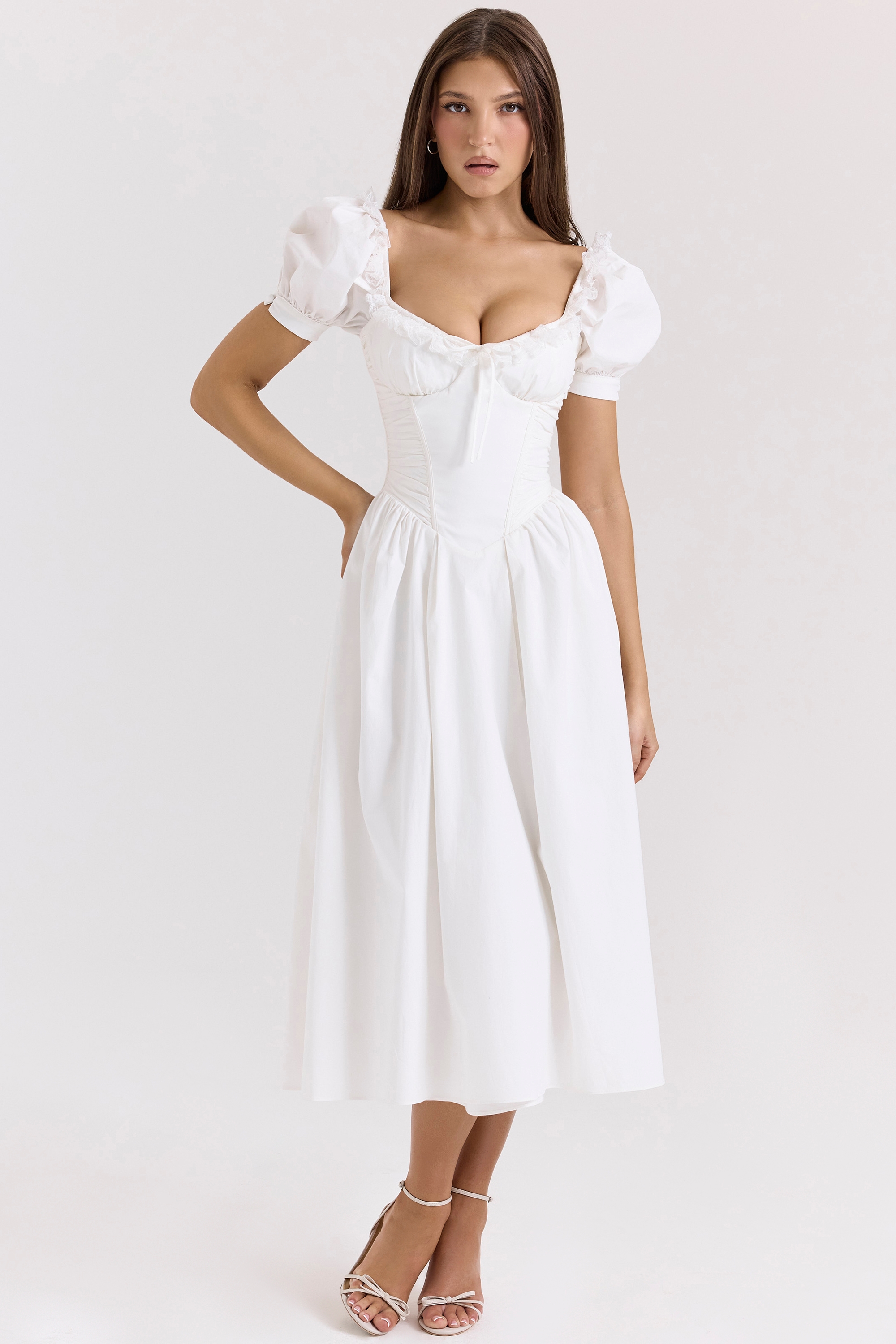 White Stretch Cotton Puff Sleeve Midi Dress - TREBLEV