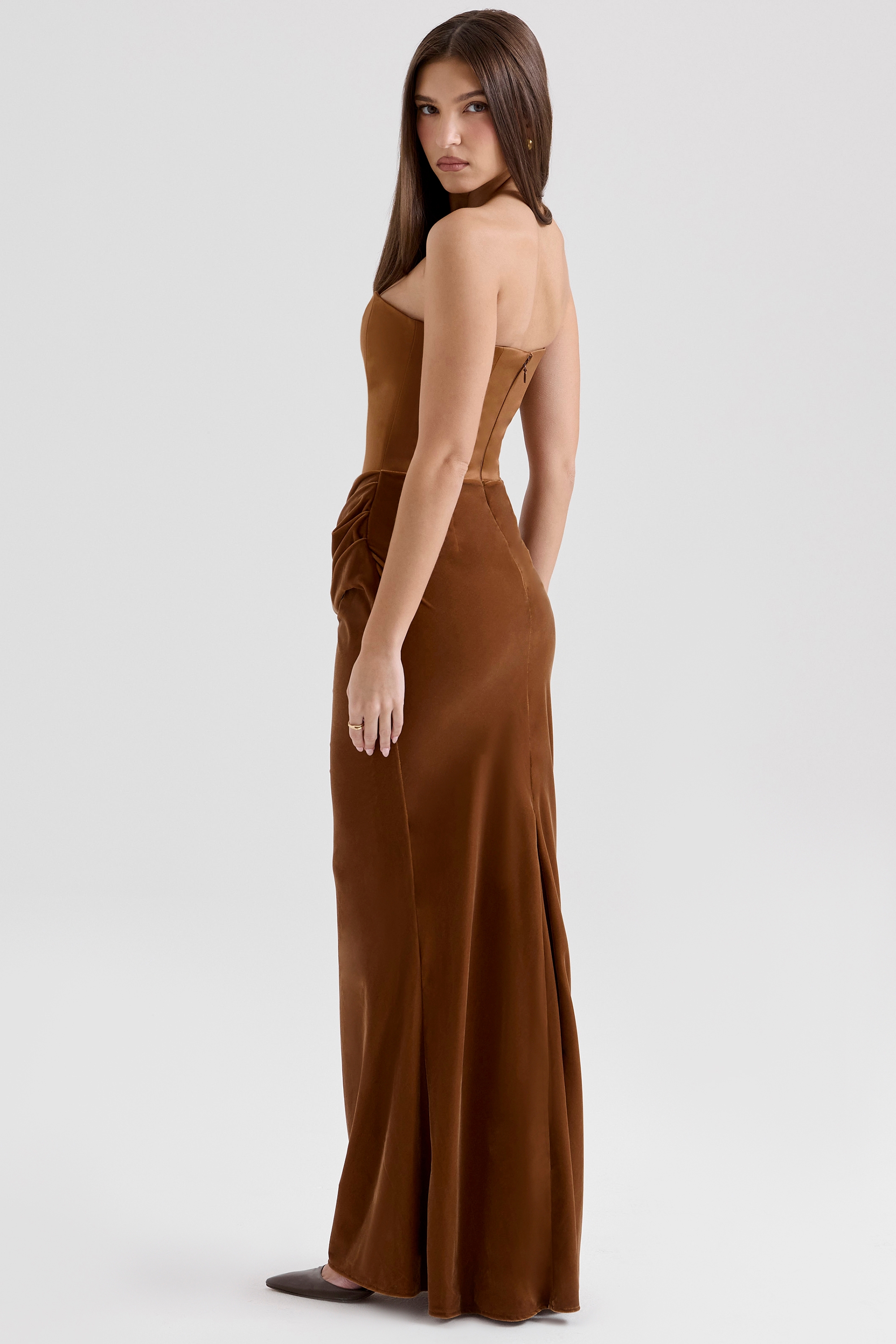 Coffee Velvet Strapless Corset Maxi Dress - TREBLEV
