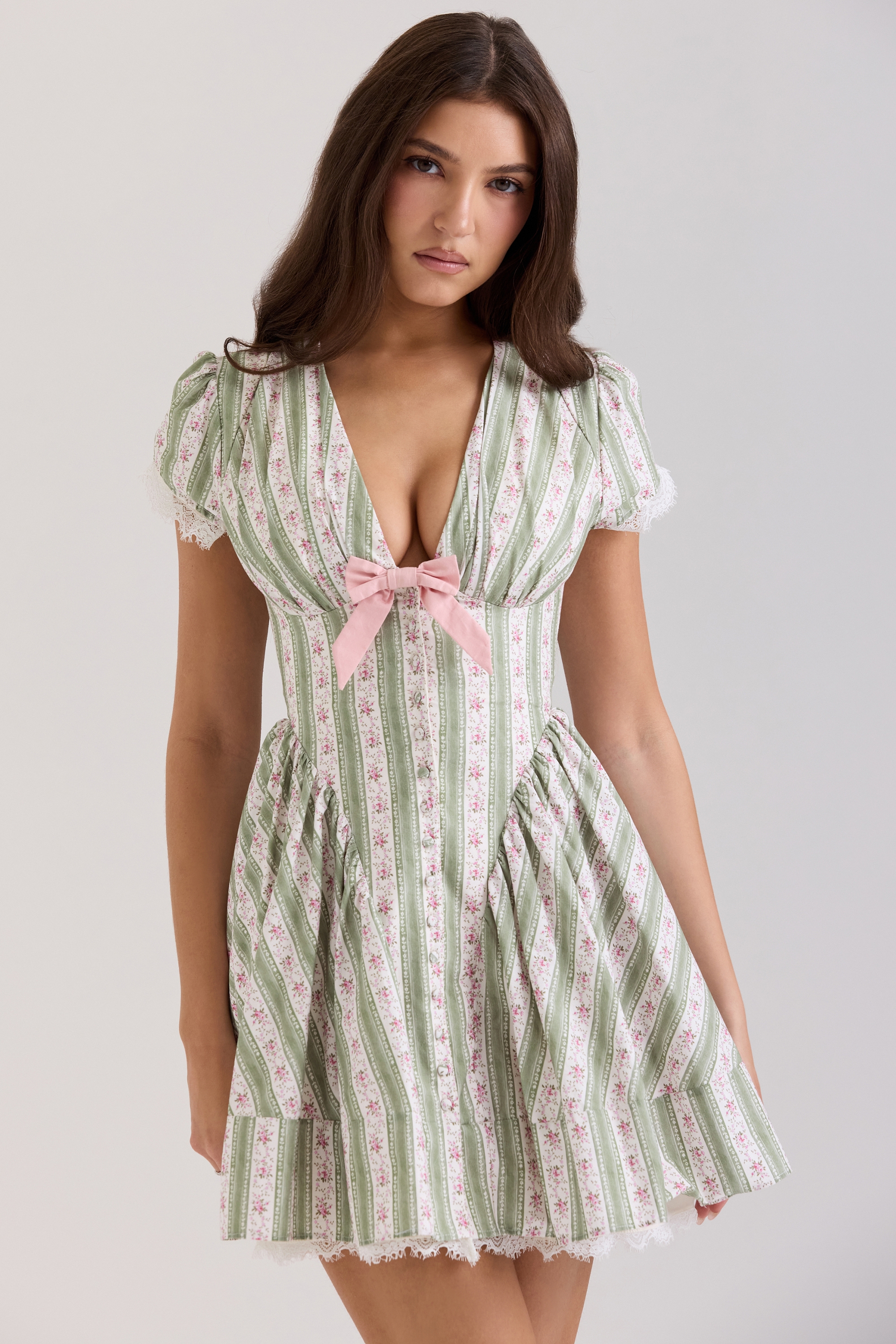 Green Stripe Floral Print Stretch Cotton Mini Dress - TREBLEV