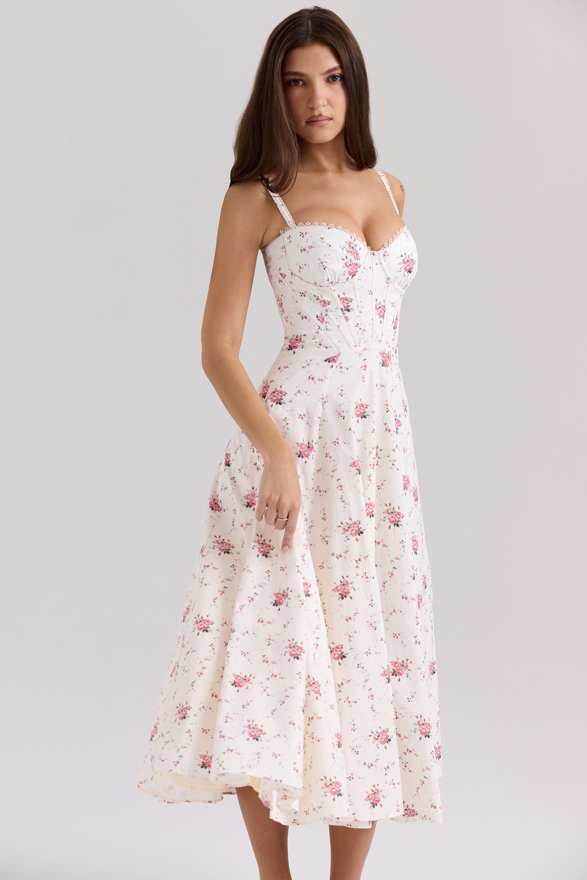 White Stretch Cotton Rose Print Midi Sundress - TREBLEV
