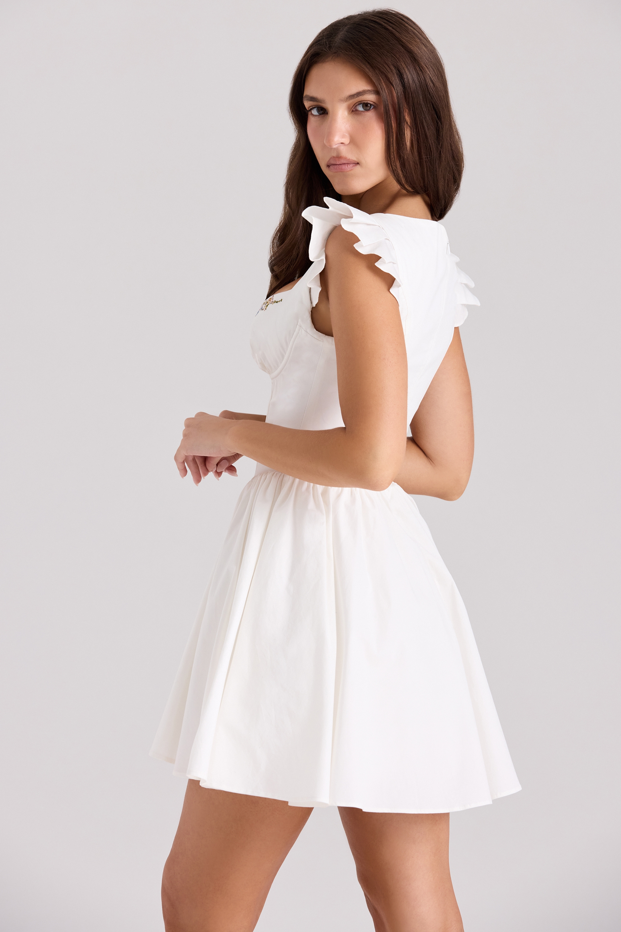 White Cotton Embroidered Mini Dress - TREBLEV