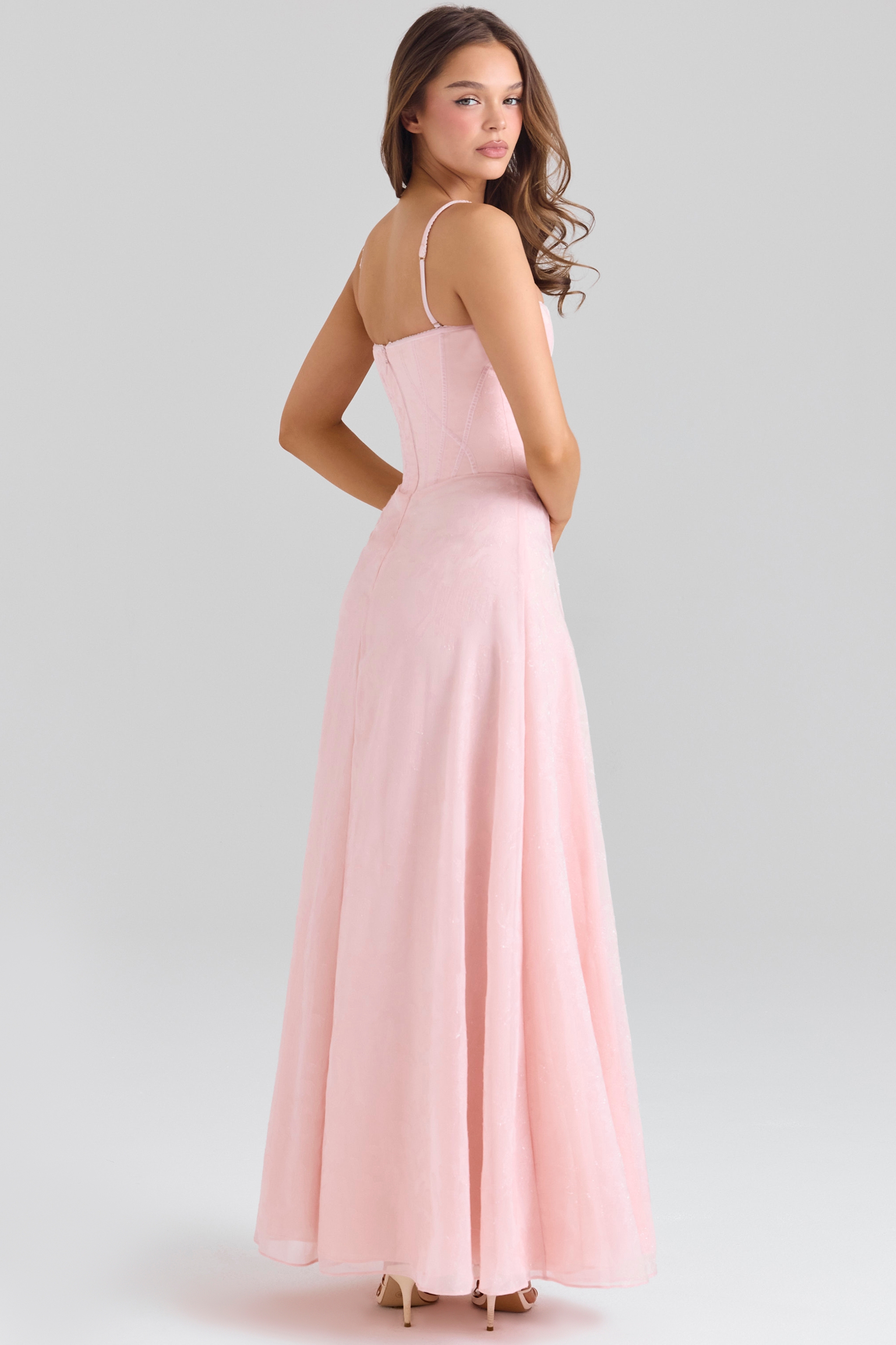 Blush Pink Lurex Chiffon Maxi Dress - TREBLEV