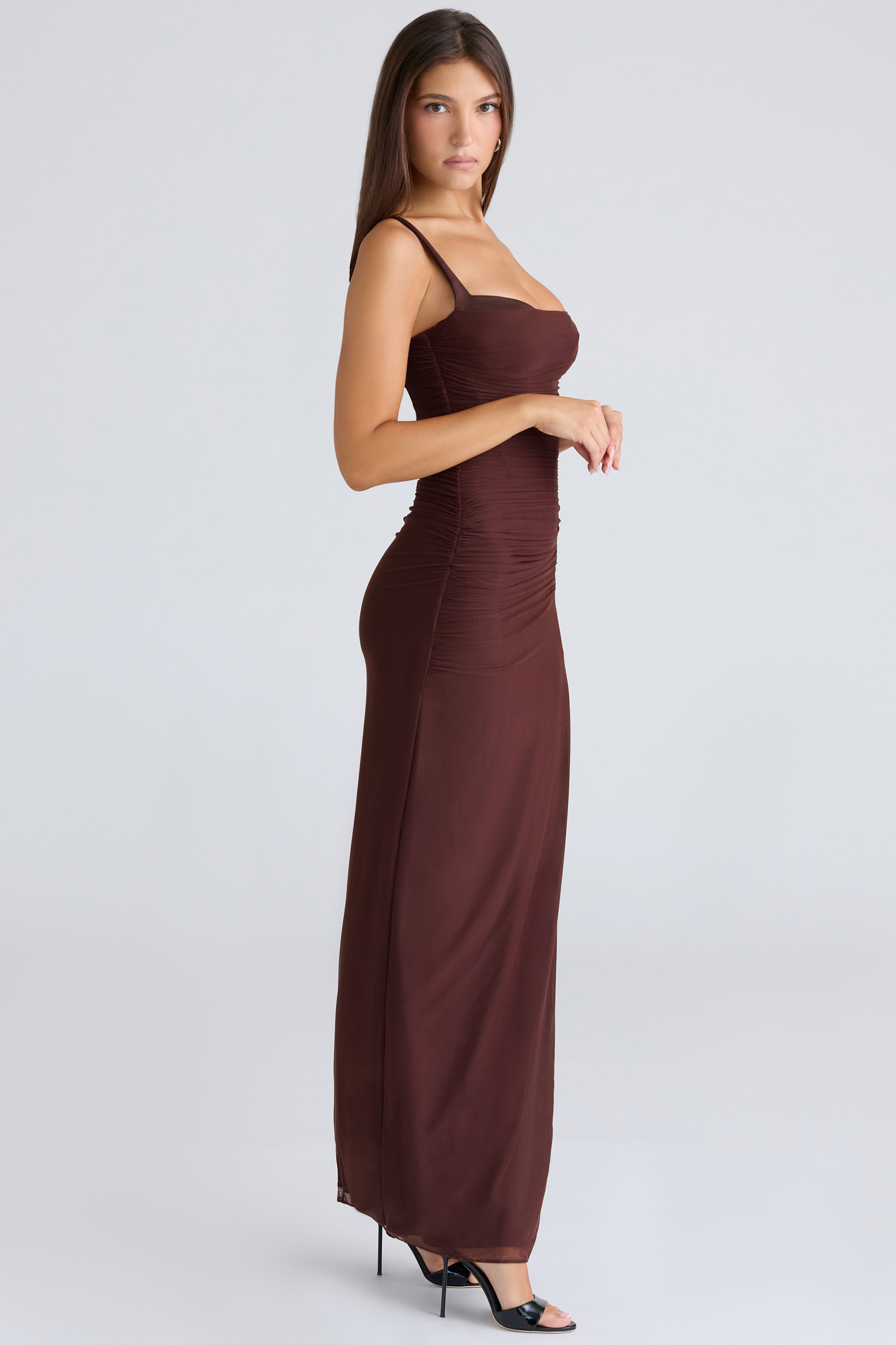 Burgundy Stretch Mesh Maxi Dress - TREBLEV