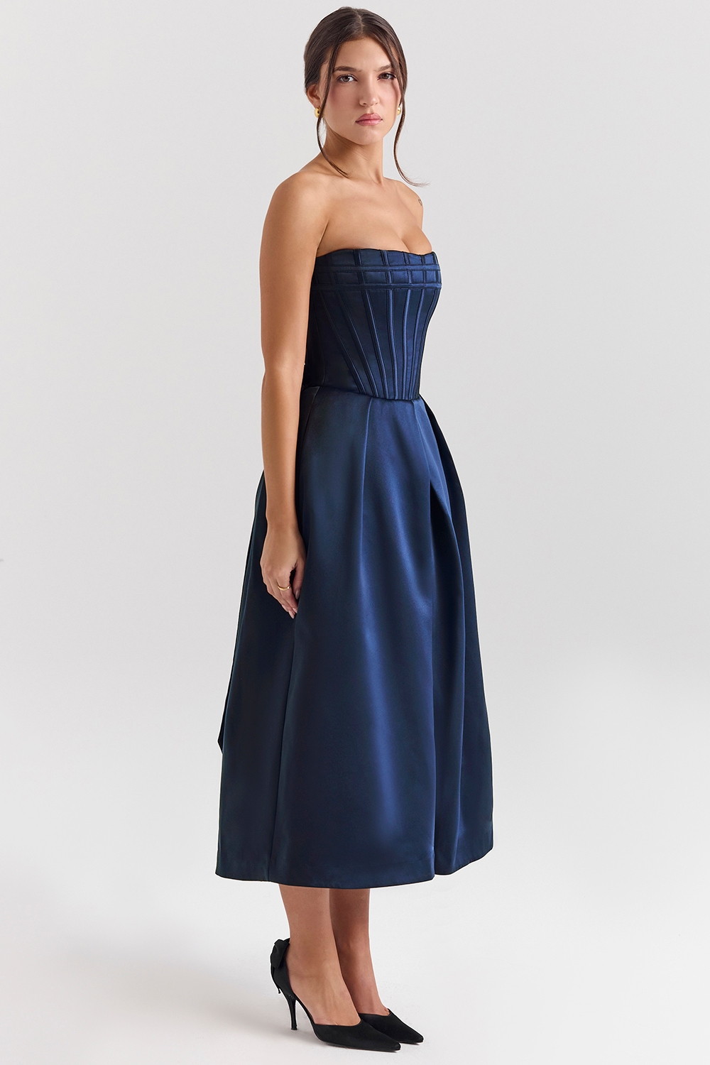 Midnight Blue Strapless Detachable Bow Midi Dress - TREBLEV