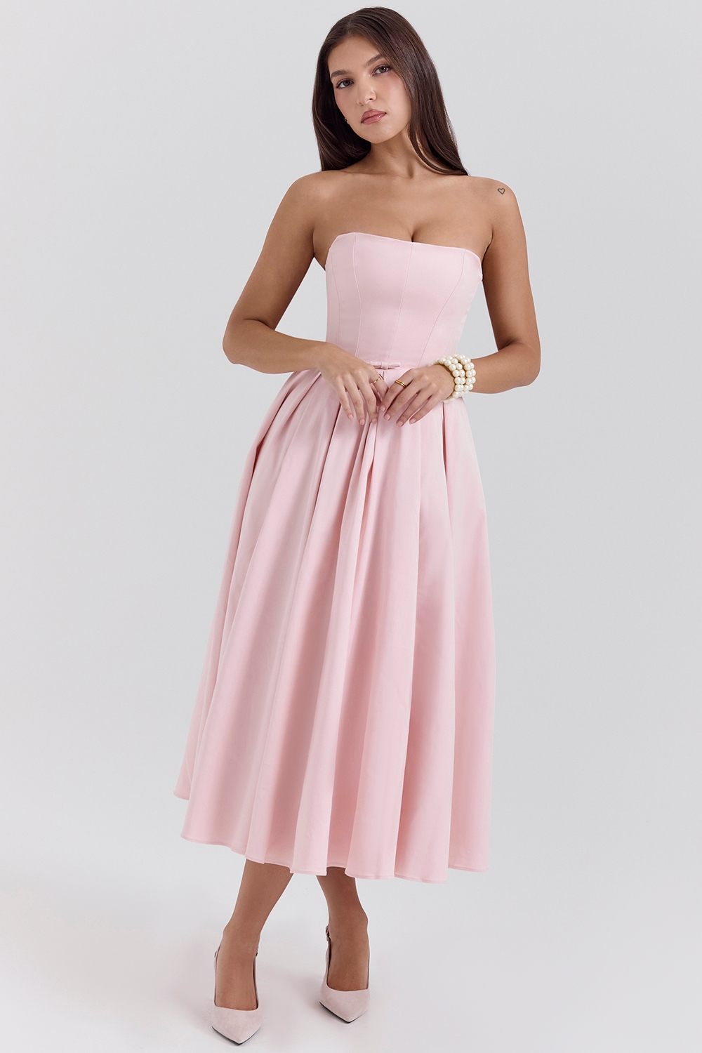 Parisian Pink Strapless Corset Midi Dress - TREBLEV