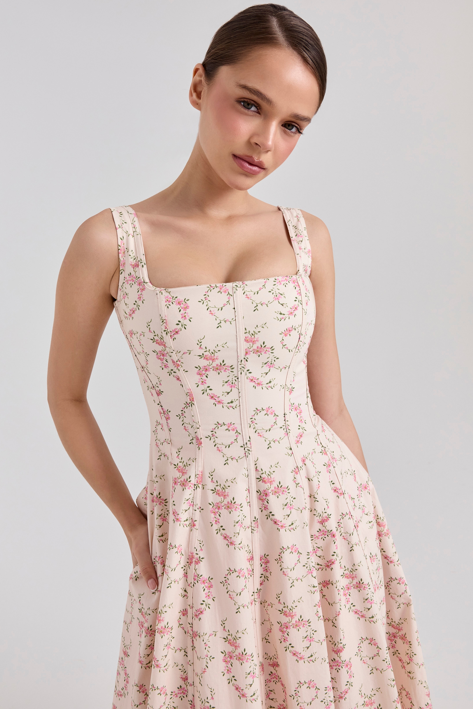 Cream Floral Print Cotton Midi Sun Dress - TREBLEV