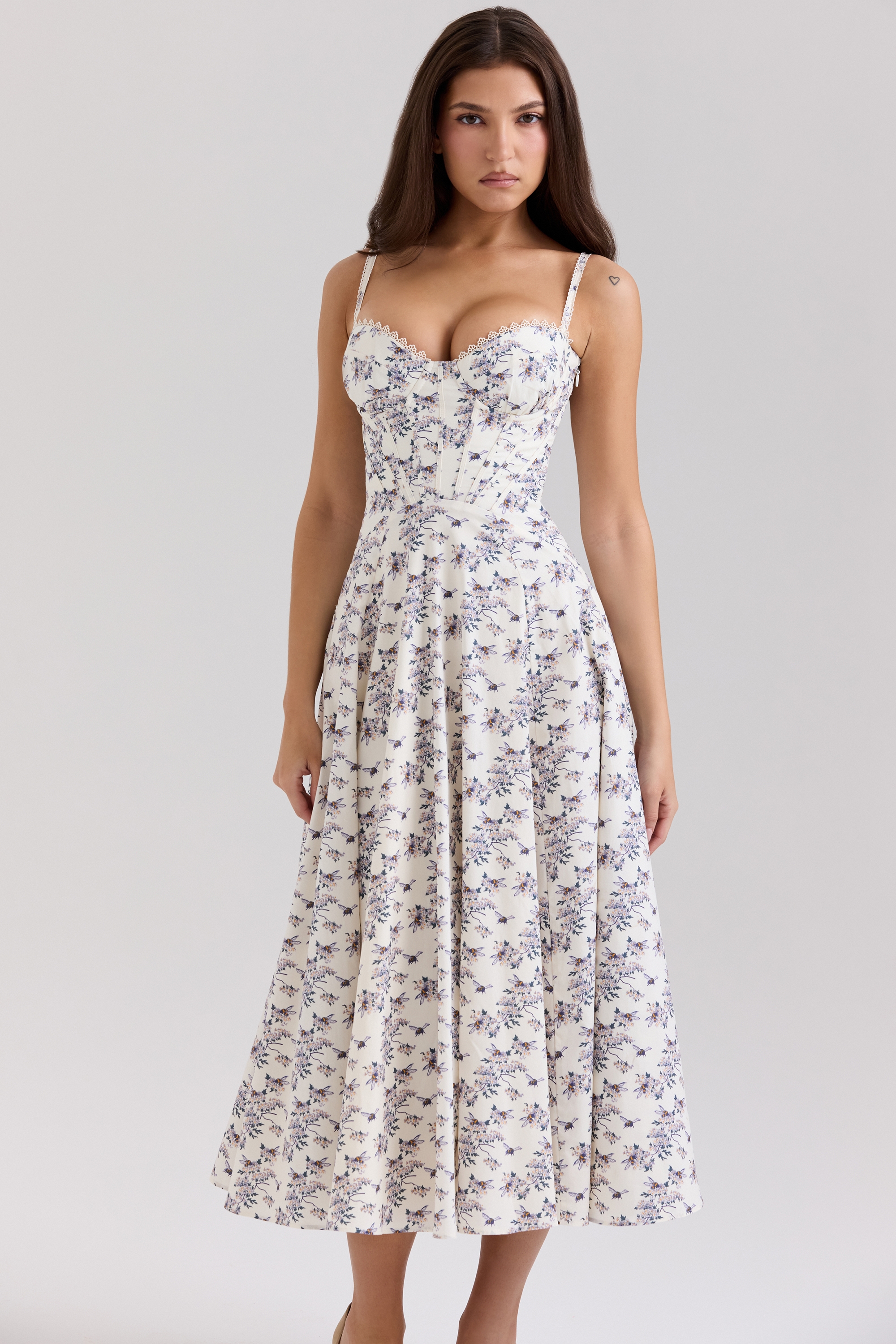 Cream Stretch Cotton Floral Print Midi Sundress - TREBLEV