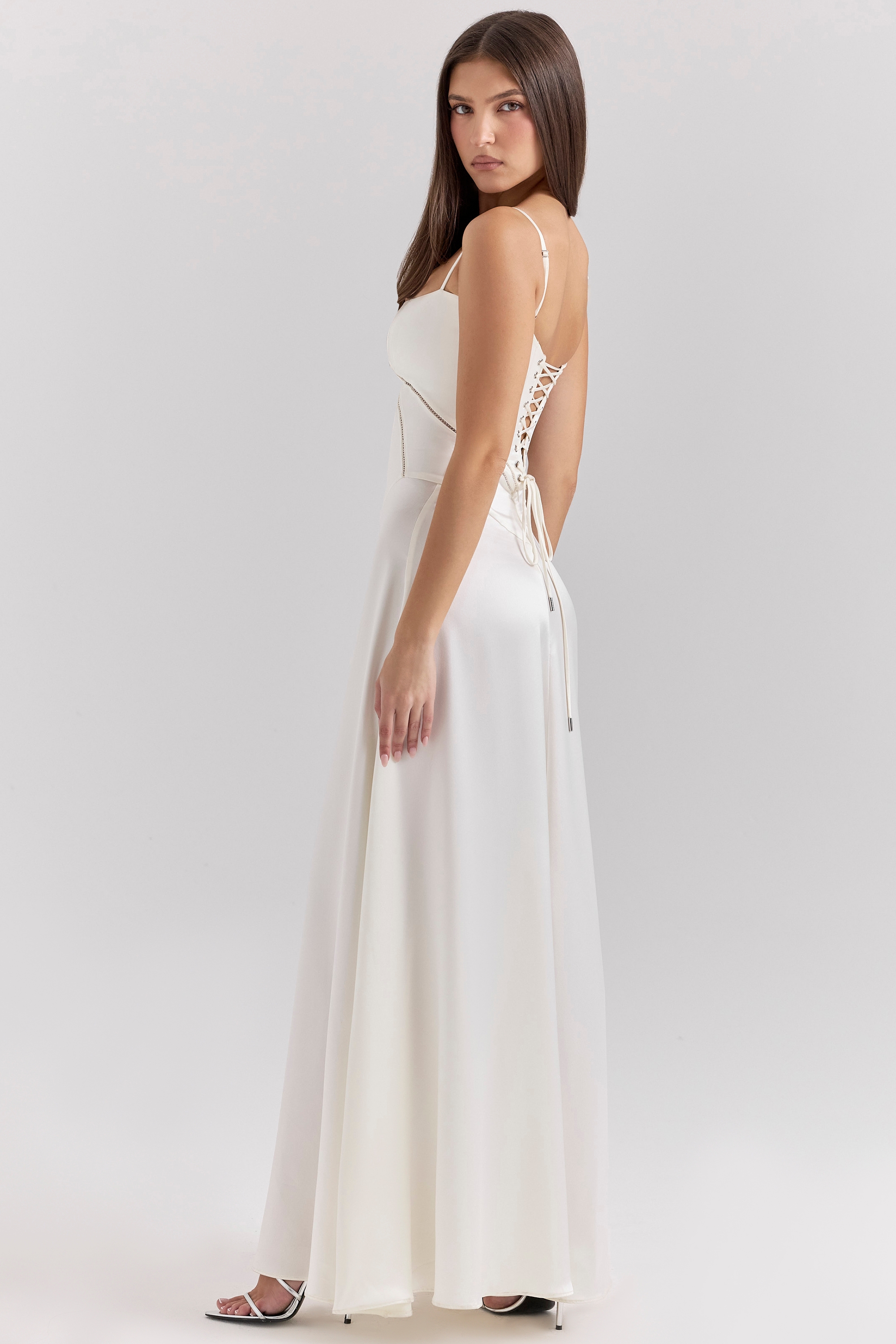 Ivory Satin Lace Up Maxi Dress - TREBLEV
